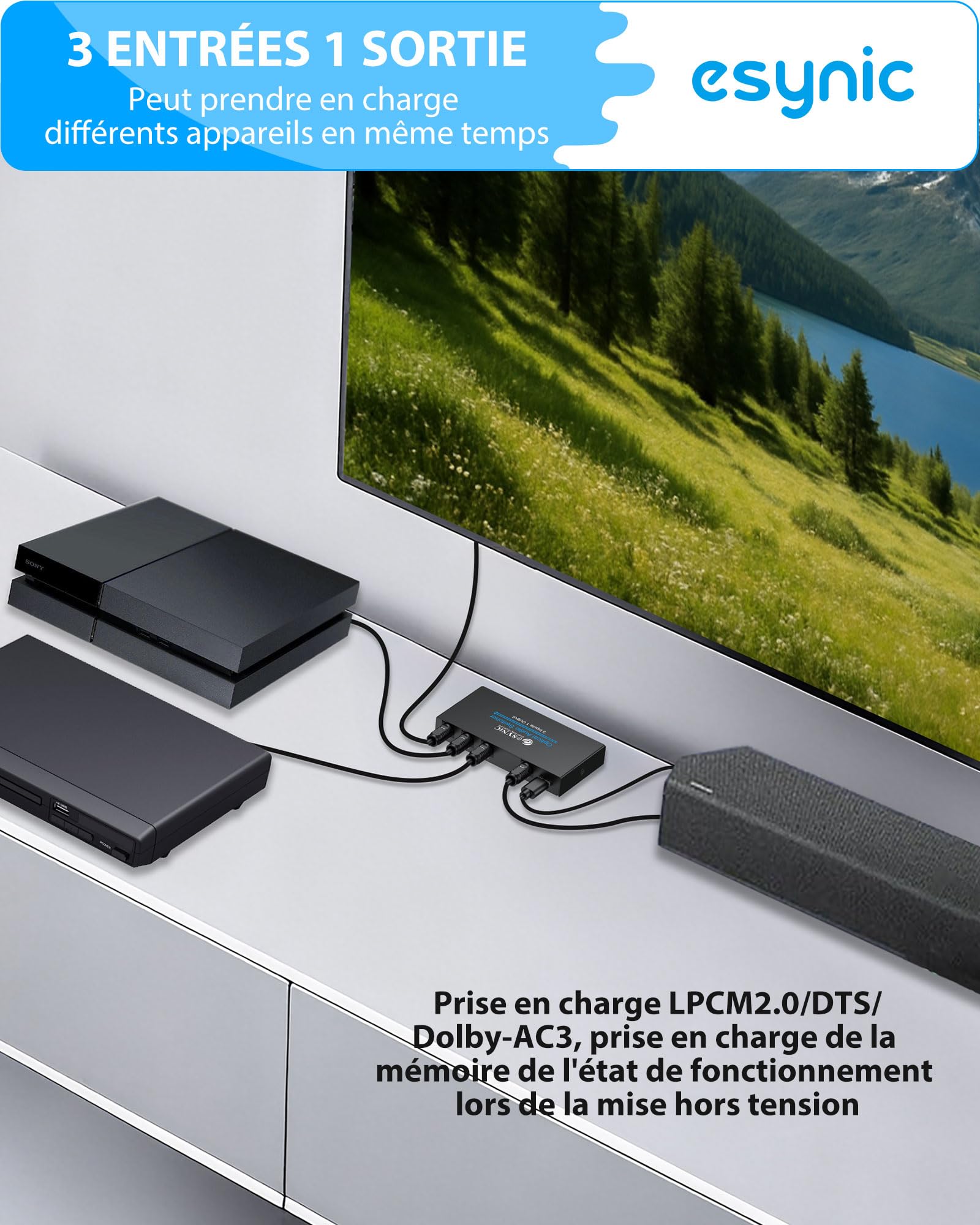 eSynic 3x1 Convertisseur Audio Toslink SPDIF Fibre Optique avec Télécommande IR Support LPCM2.0 DTS Dolby-AC3 Répartiteur Audio Optique Numérique 3 Entrées 1 Sortie avec Câbles USB Câble Optique
