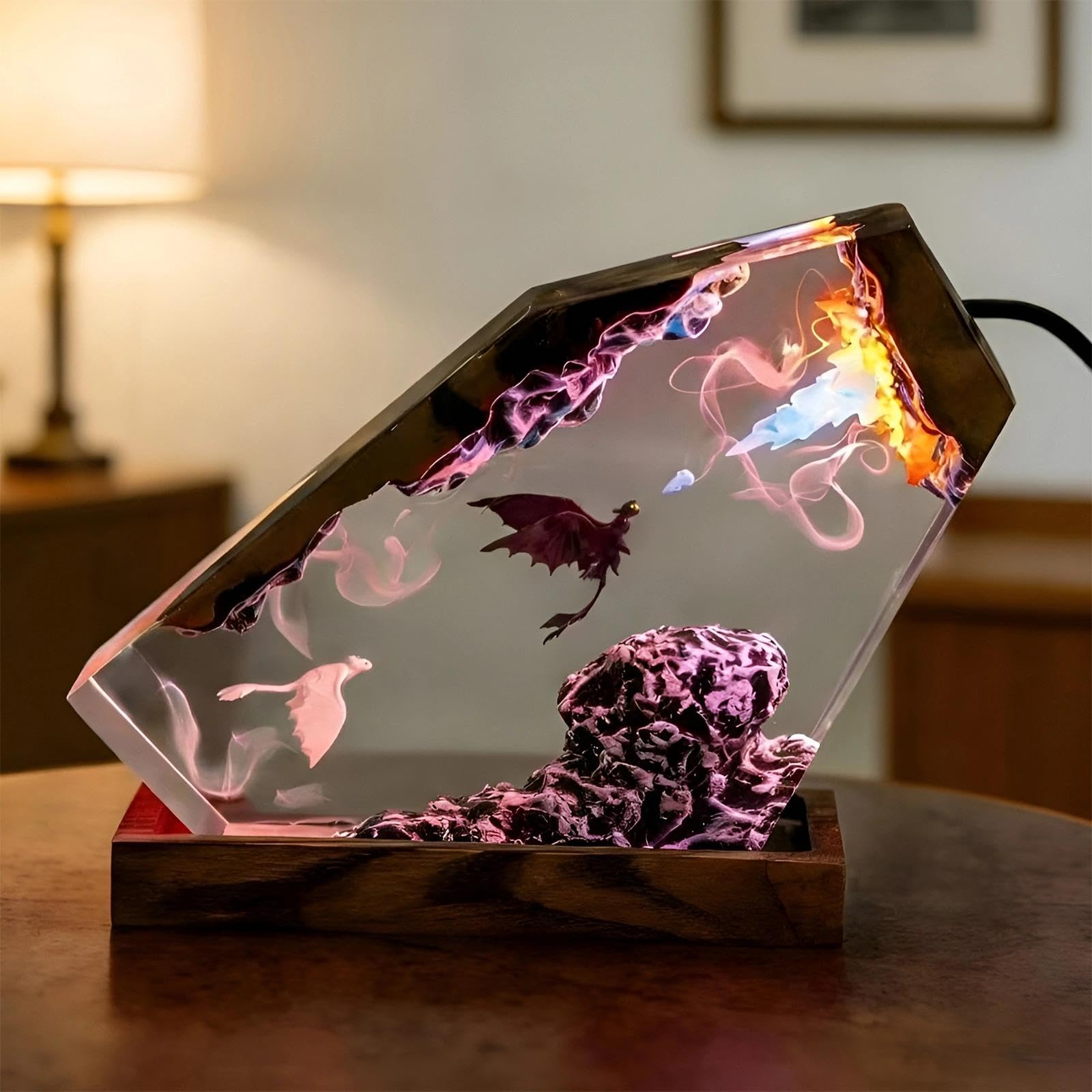 Luz nocturna de resina epoxi 3D,Actualización de estatua de dinosaurio Artículos de película Adornos con base de madera,Lámpara de noche con cable USB y lámpara nocturna multicolor remota de 16