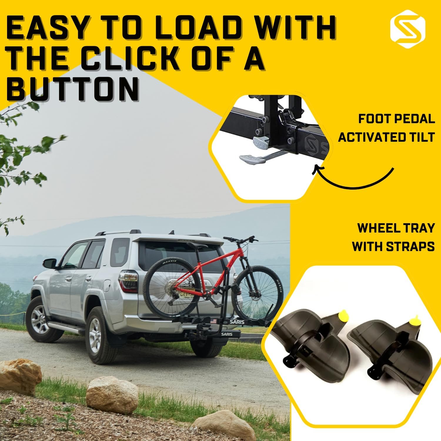 Saris Freedom 2-Bike Hitch Rack showing the foot pedal activated tilt feature
