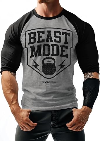 Beast Mode Raglan Bodybuilding Gym Workout Shirts for Men 3/4 Sleeve T-Shirt