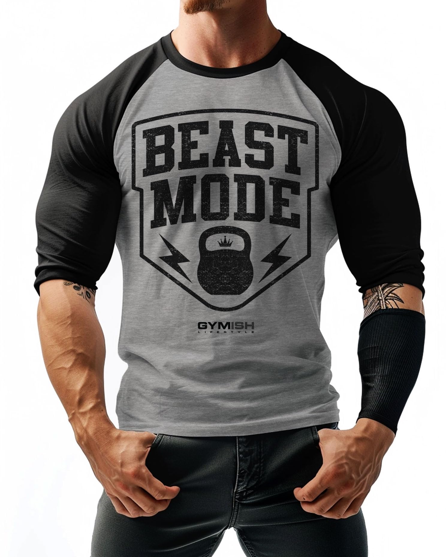 Gymish LifestyleBeast Mode Raglan Bodybuilding Gym Workout Shirts for Men 3/4 Sleeve T-Shirt