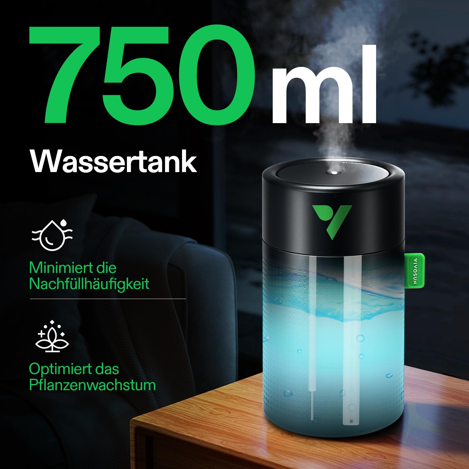 VIVOSUN AeroStream U075 USB-Luftbefeuchter, 750ml Kaltnebel Mini-Luftbefeuchter mit 2 Nebel-Modi, Automatische Abschaltung, Smarte Fernbedienung mit VGrow, Entwickelt für Growzelte