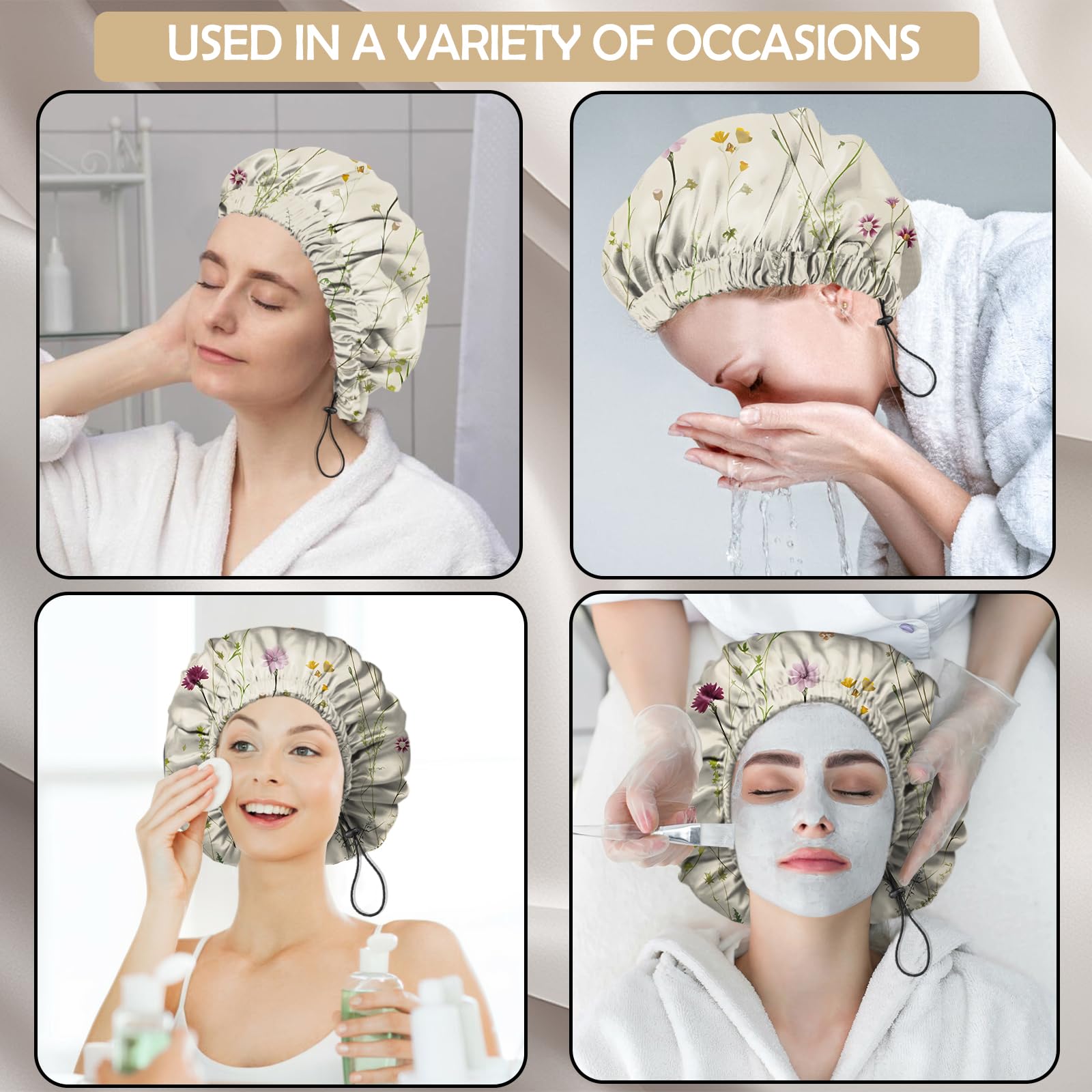 2 gorros de ducha ajustables, reutilizables, de doble capa impermeable, elásticos, para el cabello, bonitos gorros de baño estéticos para mujeres y niñas, floral
