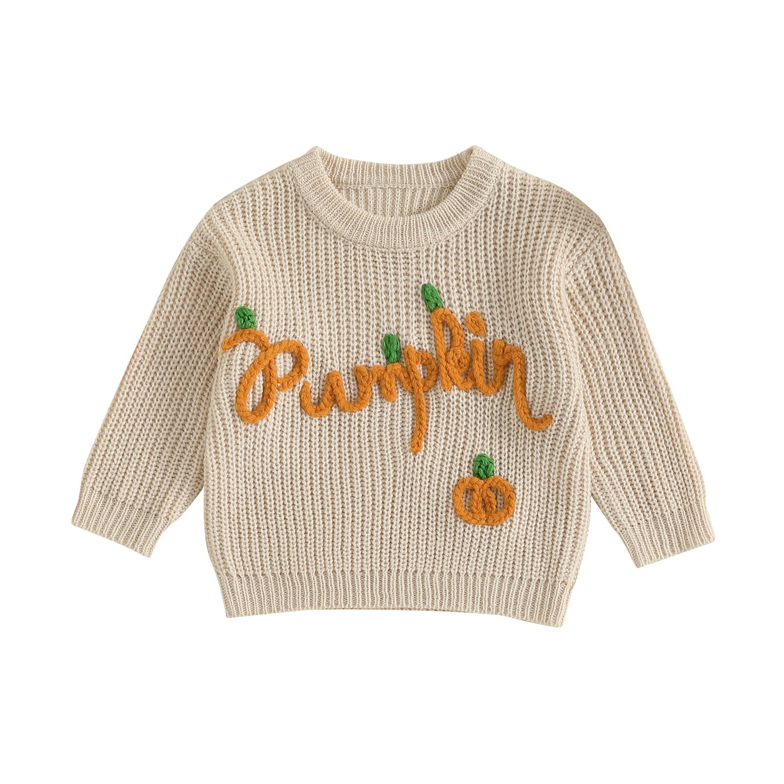 Toddler Baby Boy Girl Halloween Outfit Pumpkin Sweater Embroidery Knit Pullover Sweatshirt Fall Winter Clothes (Beige, 0-3 Months)