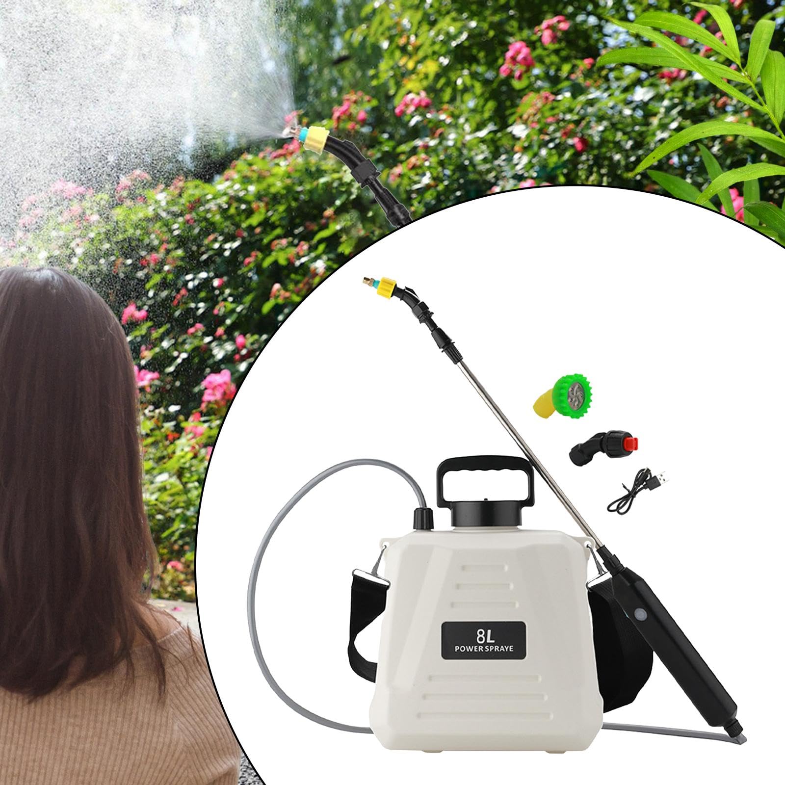 Pulvérisateur électrique avec Lance et Buse Télescopiques, Pulvérisateur d'eau de Jardin pour Maison, Jardinage, Nettoyage, 8L Blanc