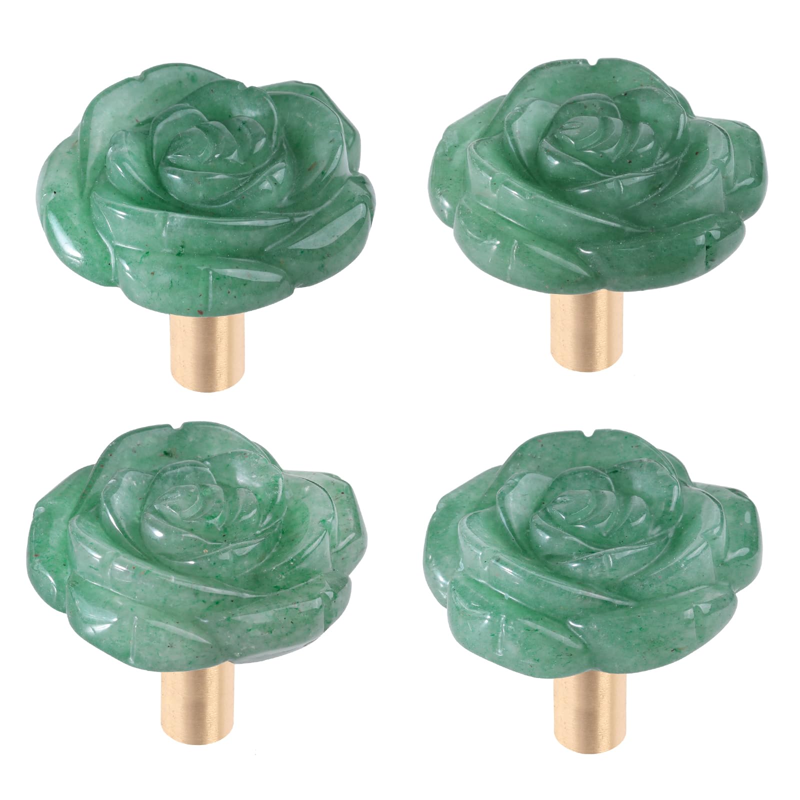 mookaitedecor Set of 4 Natural Green Aventurine Crystal Cabinet Knobs with Screws, Decorative Floral Stone Drawer Pulls for Dresser Door Kitchen