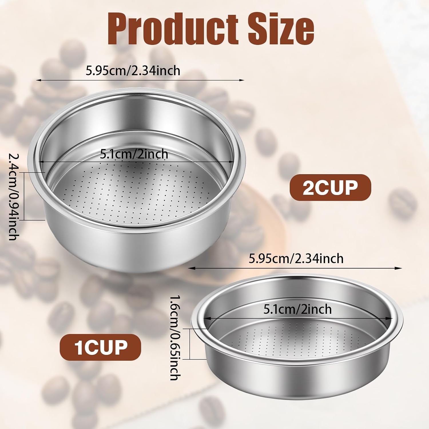 2 Pcs Stainless Steel Coffee Filter, 51mm Pressurized Espresso Filter Basket for Portafilter Machines Espresso Machine Parts Compatible with 51mm Portafilter Coffee Machines (1 Cup+2 Cups) image 2