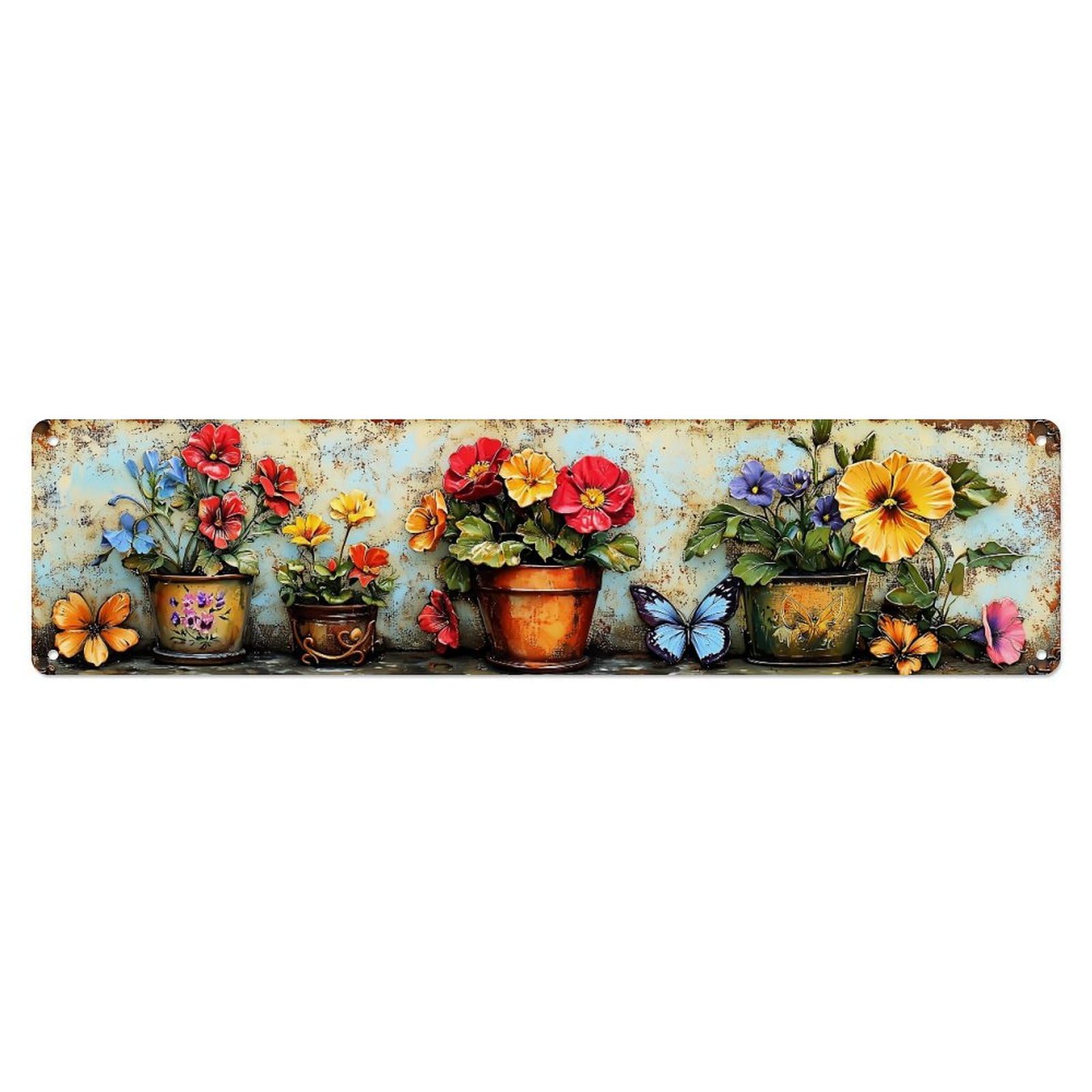 Colorful Flowers In Vintage Pots Metal Tin Sign Plaque