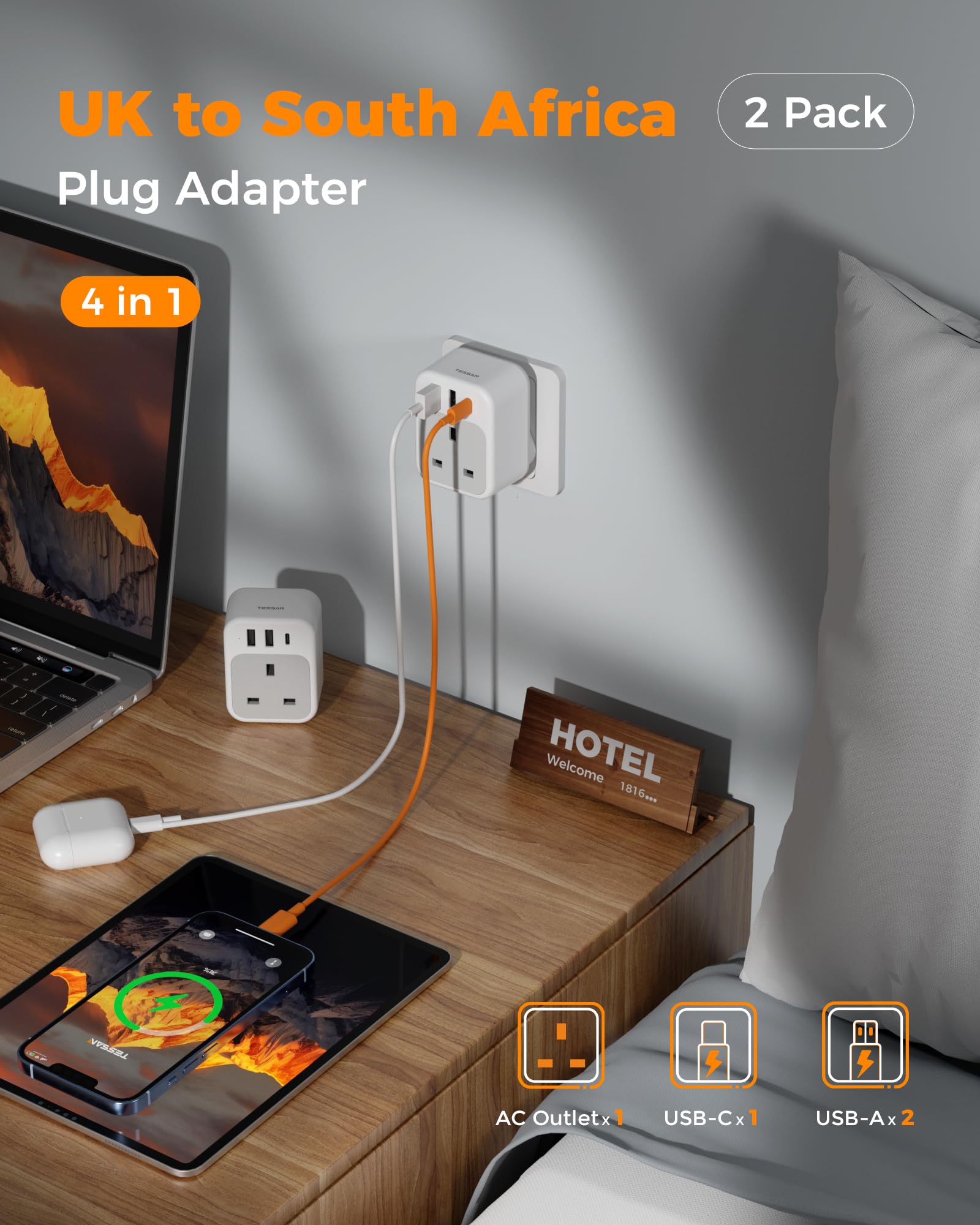 South Africa Plug Adapter 2 Pack, TESSAN UK to South Africa Plug Adapter with USB C and 2 USB A, 4 in 1 Type M Travel Adaptor — view 3
