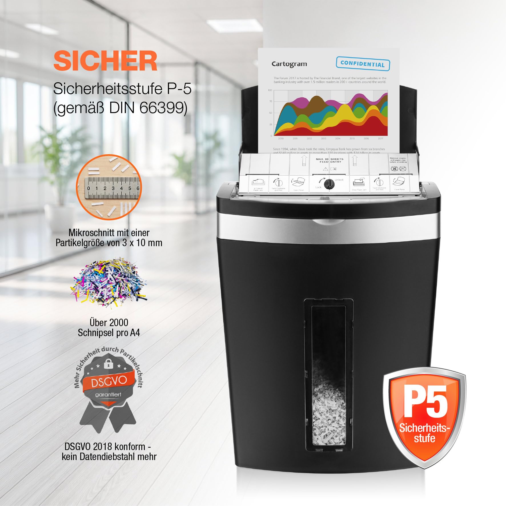 Peach Distruggidocumenti a microtaglio P5-90 fogli, 20 litri/250 DIN A4, dimensioni particelle 3 x 10 mm (P-5), alimentazione automatica, funzionamento continuo 10 min/oltre 400 fogli, PS600-10A