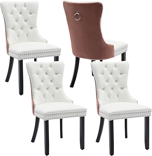 Miniatura 47 de Juego de 4 sillas de comedor de terciopelo, sillas de comedor tapizadas con ribete de cabeza de clavo, patas de madera, anillo de tracción, sillas