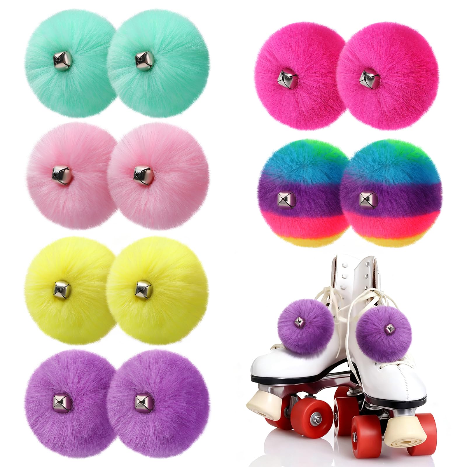 PAMASE Roller Skates Pom Poms for Girls Women - 6Pairs Fluffy Colorful Pompom Puff Balls with Bells Shoelace Quad Skate Ice Skate Accessories Can Tie On Anything, Christmas Cute Gifts for Kids