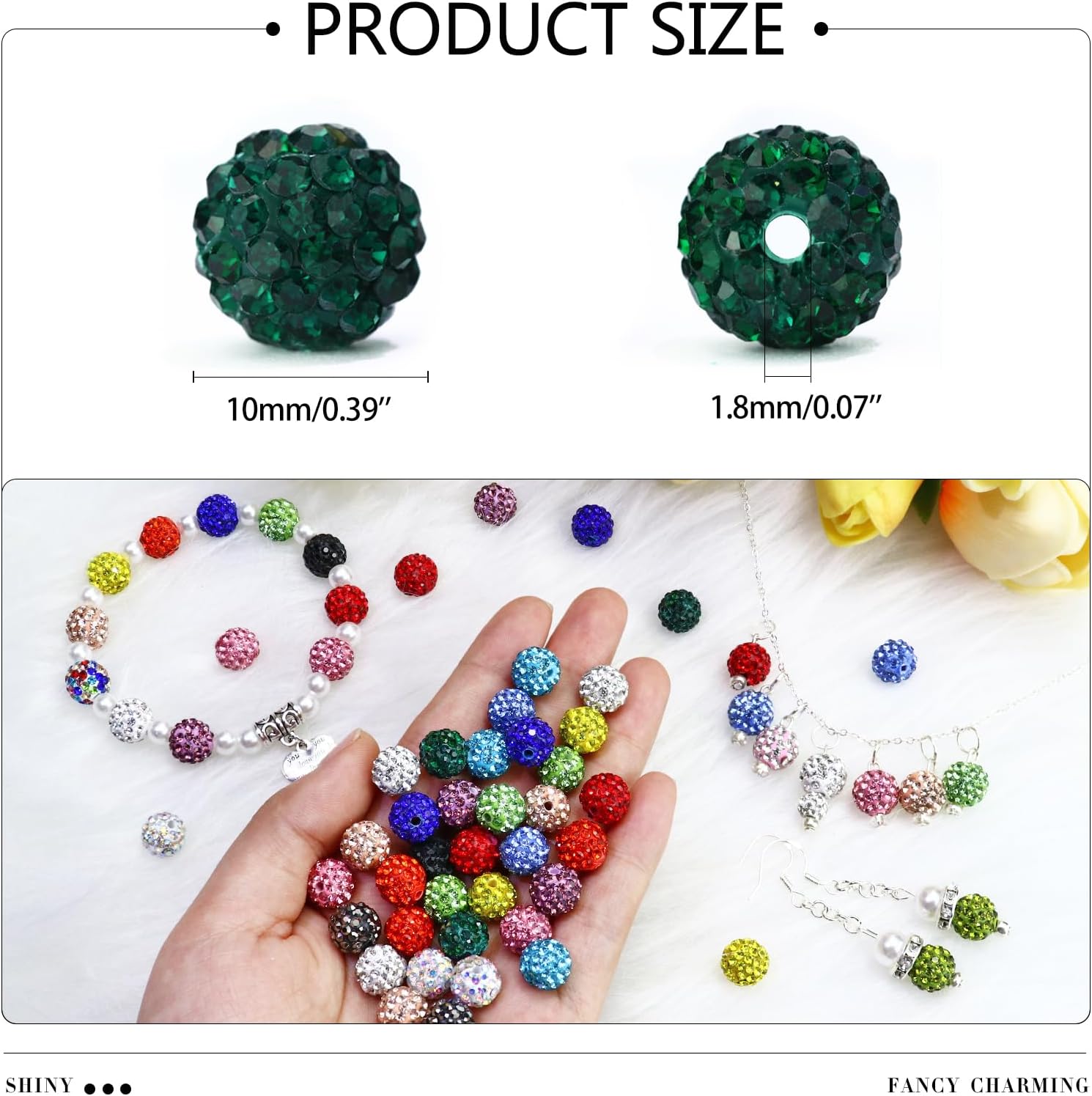 Dowarm 110PCS 10MM Rhinestone Beads for Jewelry Making, Green Round Polymer Clay Crystal Beads for Crafts Bracelet Baseball Necklace Beaded Pen, Shamballa Pave Disco Diamond Bead - Image 3