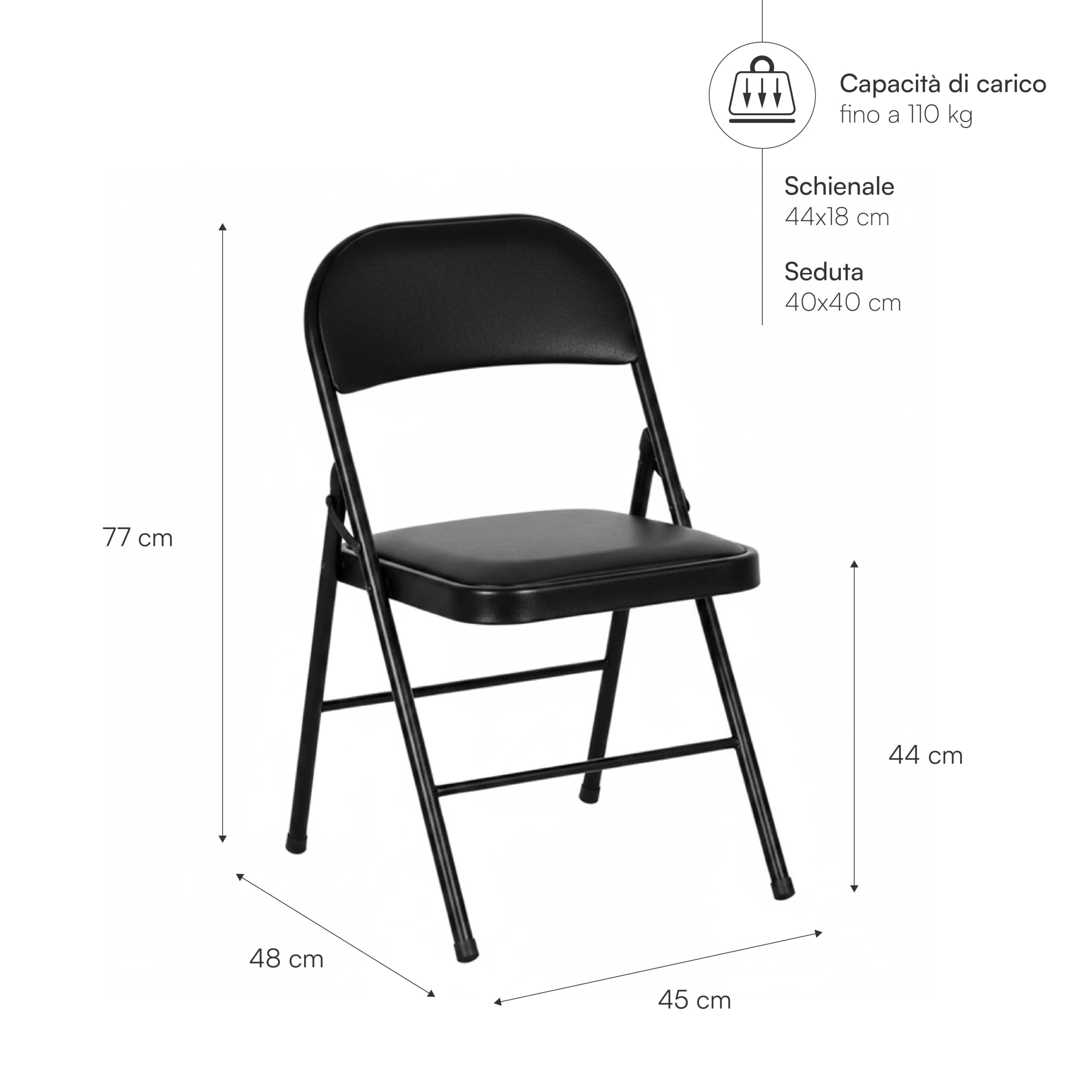 Baroni Home Juego de 6 sillas plegables negras, asiento y respaldo acolchados, impermeables y fáciles de limpiar, silla ahorra espacio al abrir y cerrar, 45 x 48 x 77 cm