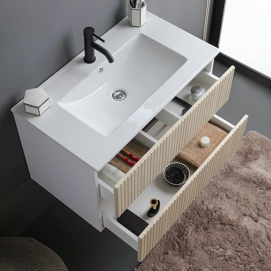 Kiamami Valentina - Mobile sospeso 100cm bianco con cassetti rovere cannettato e lavabo in ceramica | Bilbao
