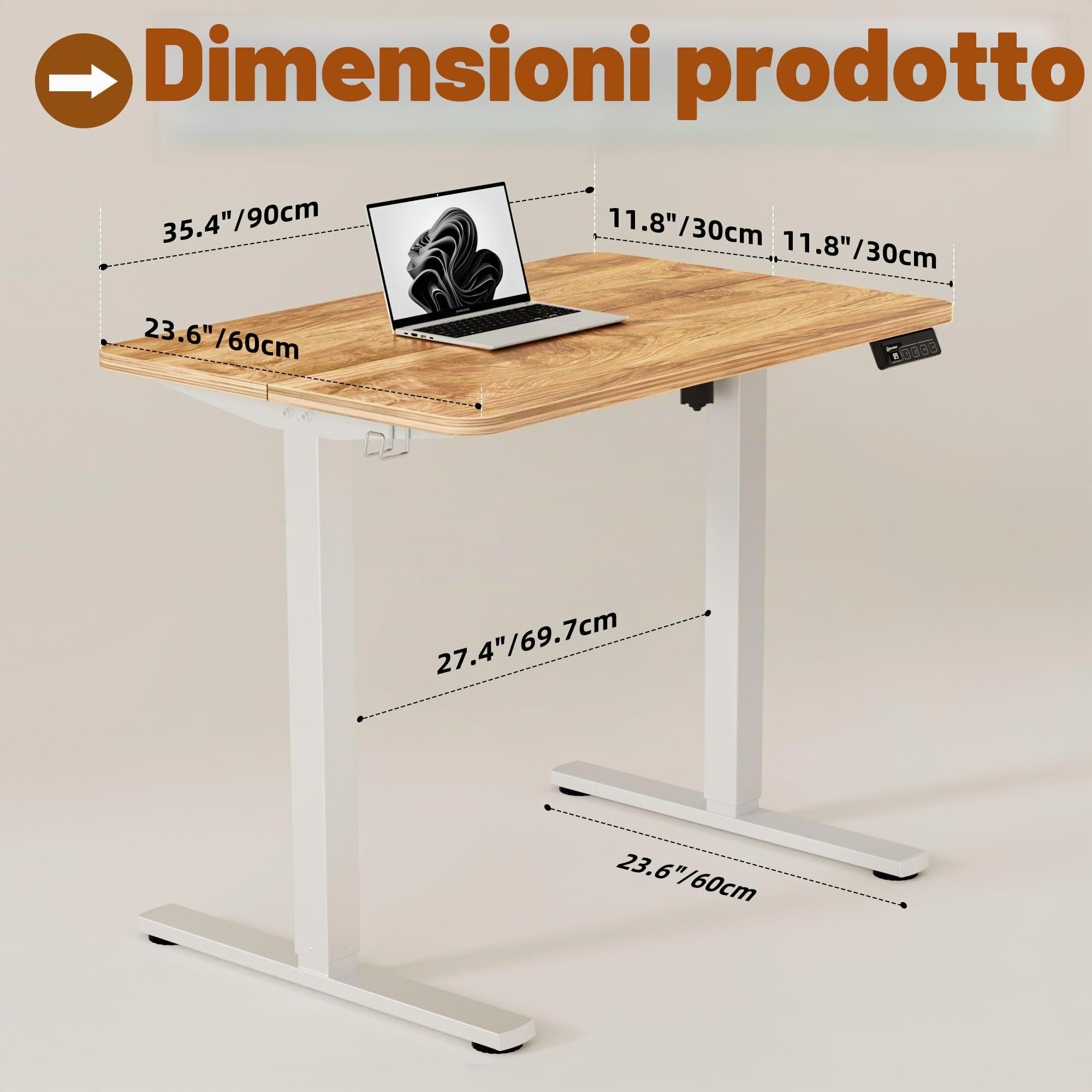 ERGOMAKER Scrivania regolabile in altezza, 90 x 60 cm, scrivania regolabile in altezza, elettrica con funzione memoria, tavolo ergonomico regolabile in altezza, marrone chiaro