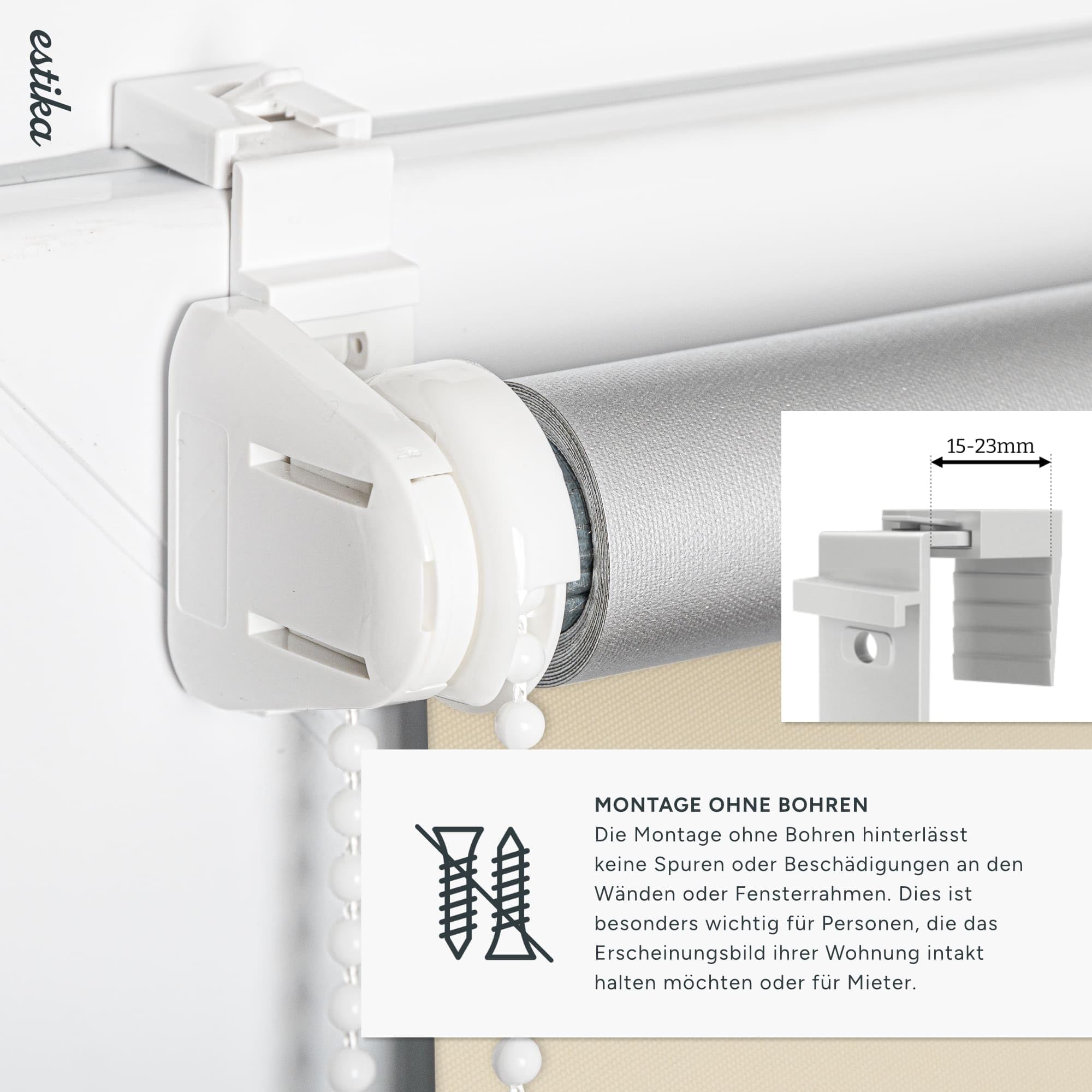 Estika Verdunklungsrollo ohne Bohren, Breite alle 1 cm - 108 cm x 150 cm - Ecru - Thermorollo, Rollos für Fenster ohne Bohren, Sonnenschutz Fenster innen