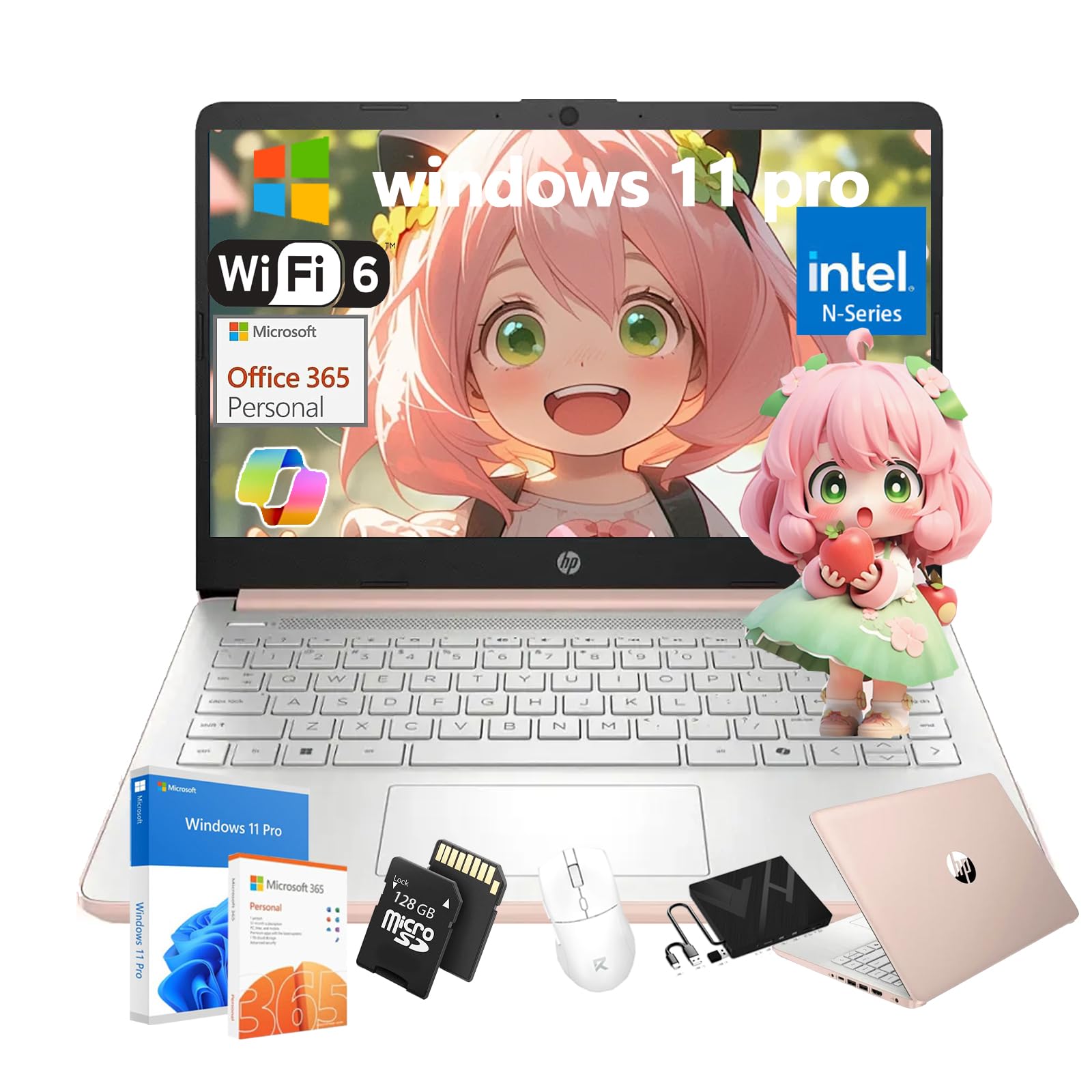 Student Business Laptop Computer - Intel Processor N150, 14 inch HD Display, AI-Powered, Lightweight, Windows 11 Pro, 1-Y Office 365, 16GB RAM, 256 GB Storage(128GB UFS+128GB MSD), Rose Gold