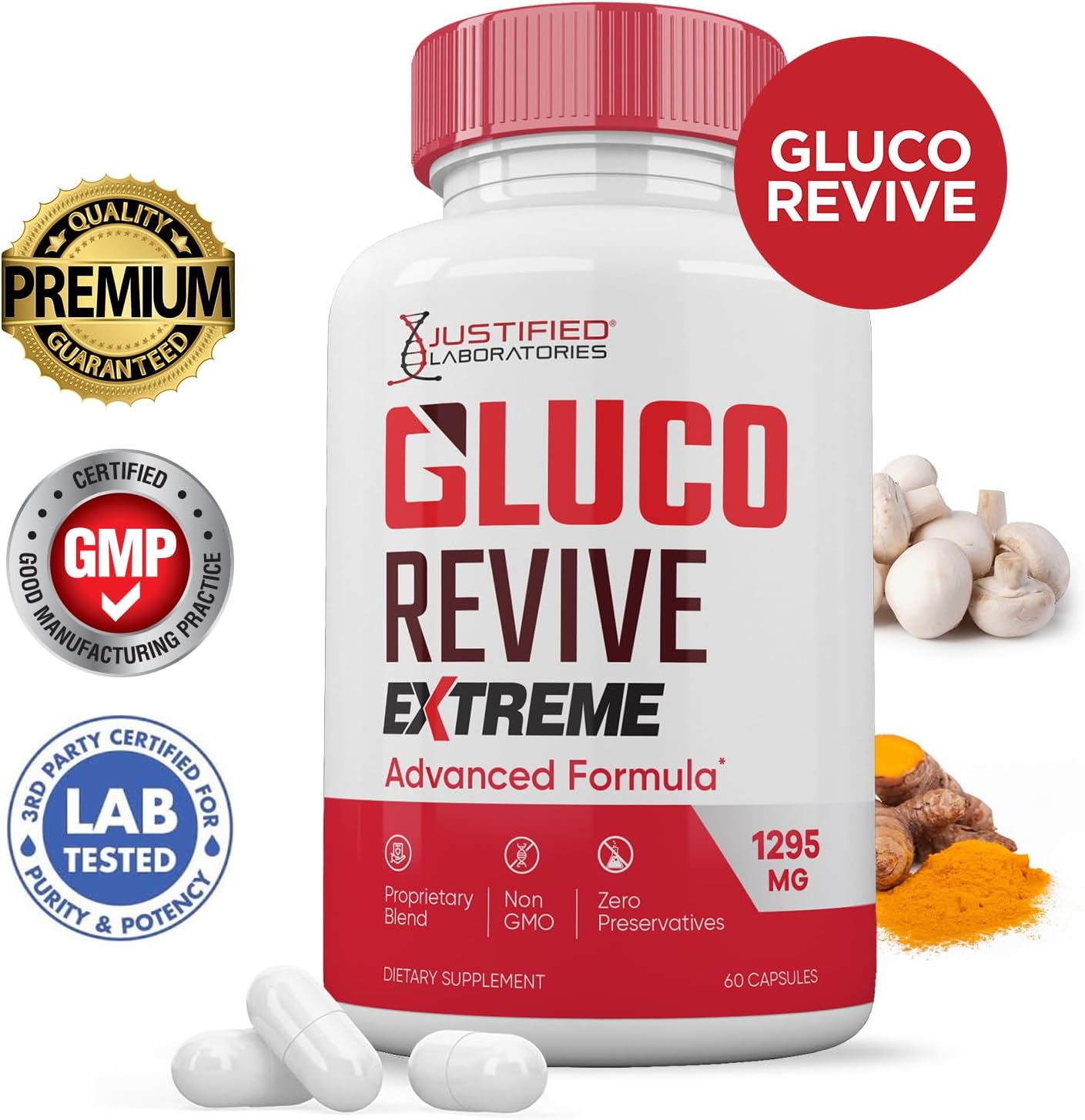 (2 Pack) Gluco Revive Extreme 1295MG Pills Glyco Support Advanced Formula Gluorevive Glycogen Support Formulated with Turmeric Berberine Resveratrol Garlic Bitter Melon Milk Thistle 120 Capsules