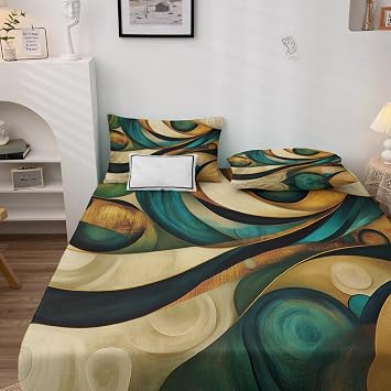 Green and Gold Abstract Art Sheets Cal King Sheet Set, Modern Design Bed Sheets, Swirl Bedding Bedroom Decor, Soft Microfiber Deep Pocket Fitted Sheet & Flat Sheet & 2 Pillowcases