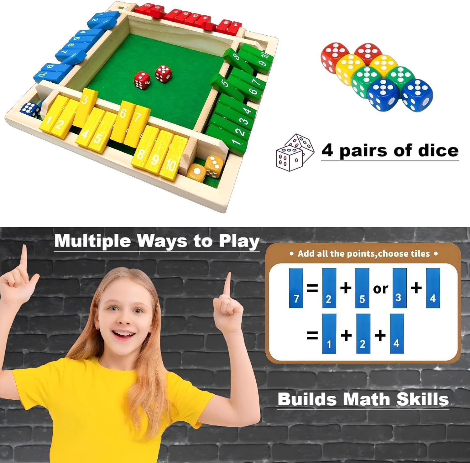 Shut The Box Game Dice Game, 2-4 Player Math Learning Toy for Adult Kids 5-7 8-12, Educational Wooden Board Tabletop Game with 8 Dice for Family, Classroom & Senior Activities, Pub and Party