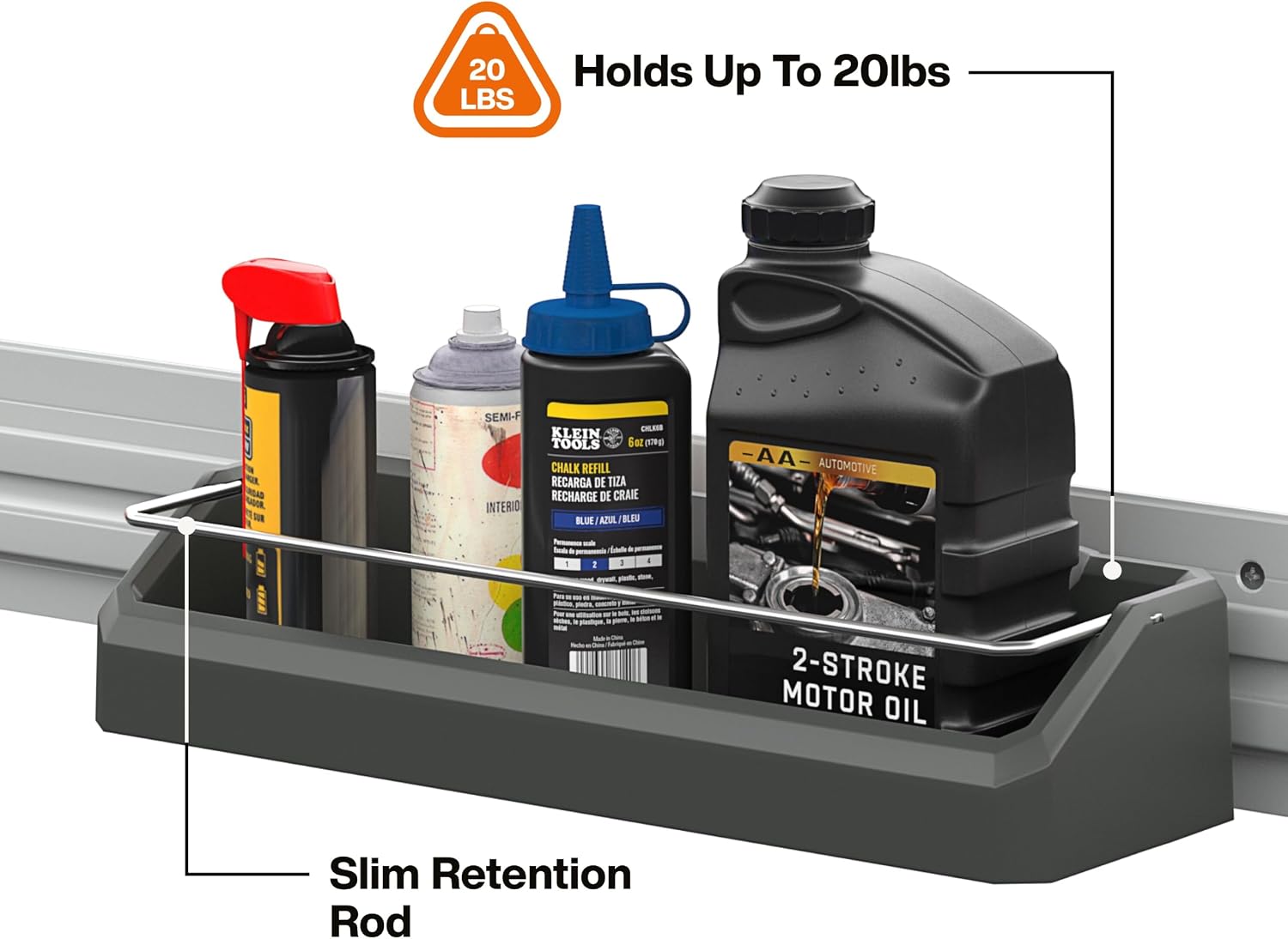 Klein Tools 54863MB MODbox Wall Narrow Shelf, Modular Tool Storage Rack, Spray Can Organizer, Oil Quart Holder, Steel Retention Rod, Slim-Profile Garage Shelf, Compatible with MODbox Wall Panel System