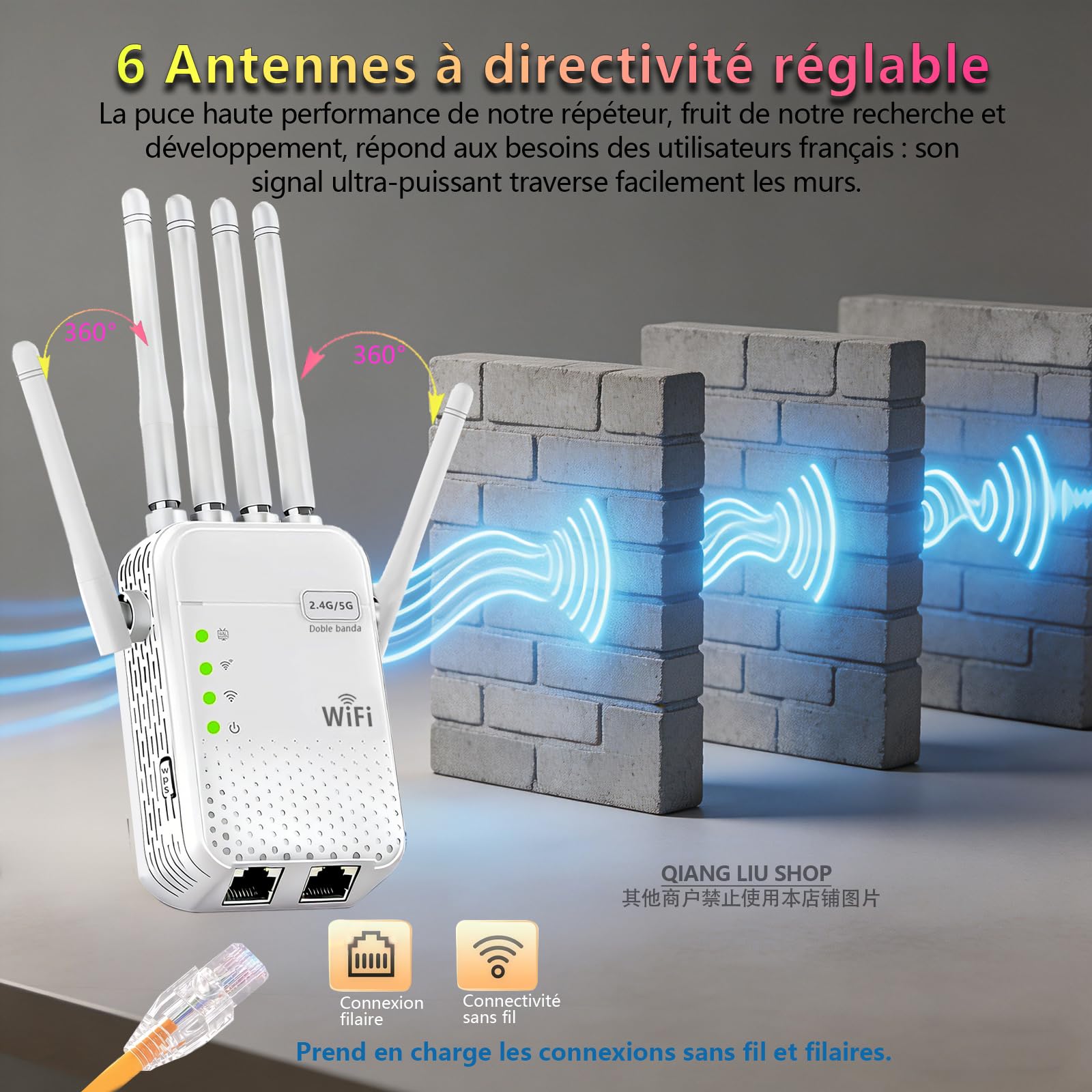 Répéteur D'intérieur WiFi 6 AC1200M(5+2,4) GHz Double Bande, 6 Antennes 2 Ethernet Ports Offrant Une Pénétration du Signal Ultra-puissante à 360° à Travers Les Murs, Bureau Famille