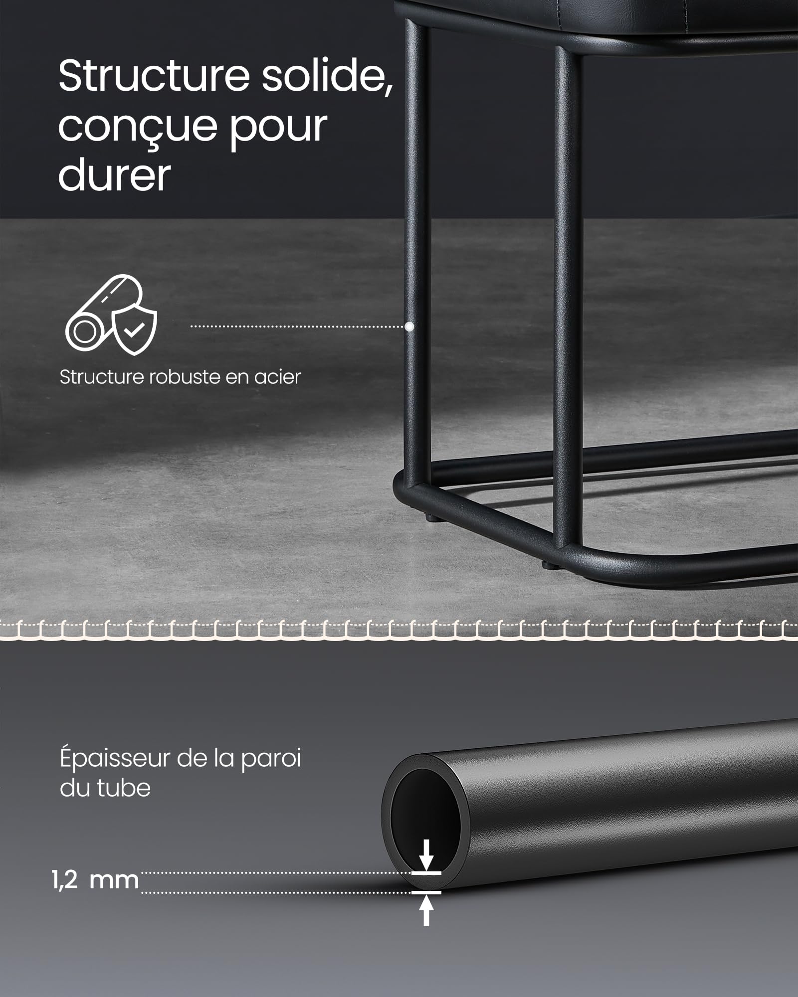 VASAGLE EKHO Collection - Banc pour Entrée, Chambre, PU avec Coutures, Bout de Lit, Cadre en Acier, pour Salon, Salle à Manger, Moderne Mi-siècle, Capacité de 300 kg, Noir d'encre LOM073B01