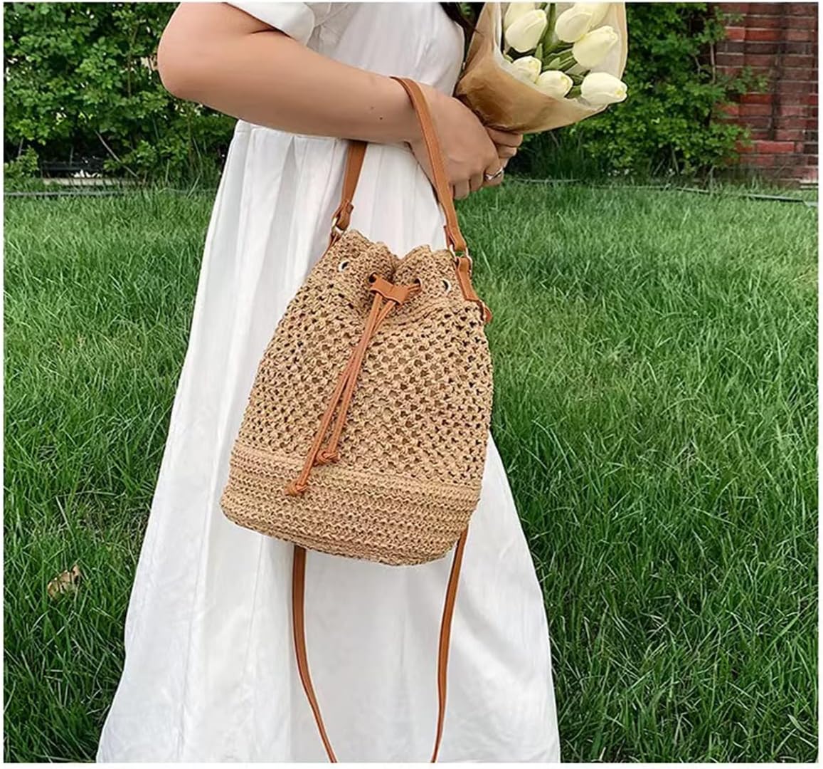 Women Straw Drawstring Bucket Purse Small Tote Shoulder Handbag Hollow Out Cross-body Bag for Summer,Beach | Straw, Drawstring, Tote, Shoulder, Handbag, Hollow Out