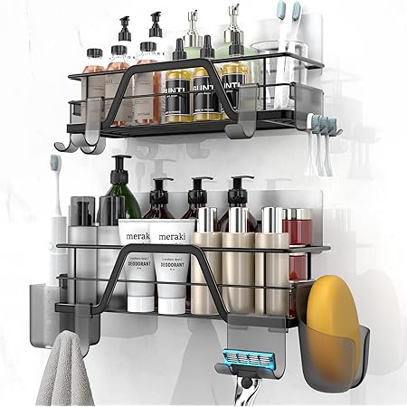 Étagère De Douche à Fixer Sans Perçage - Coin - Acier Inoxydable Noir - Accessoire Salle De Bain