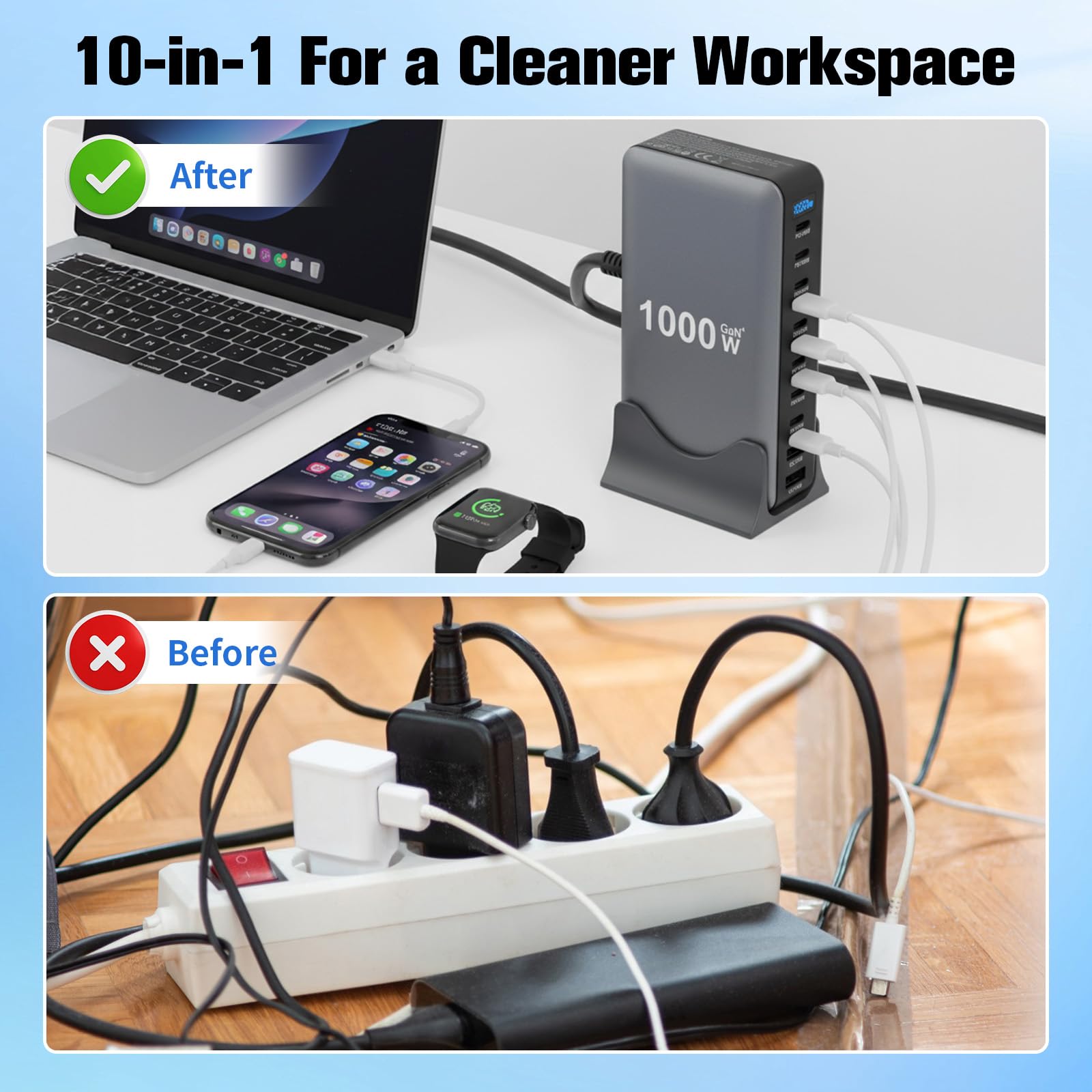 1000W USB C Ladegerät Mehrfach, 10 Ports Schnellladegerät Ladestation mit 8×USB-C-Ports (140W/100W) und 2×USB-A-Ports (20W QC), für iPad, iPhone 16/15