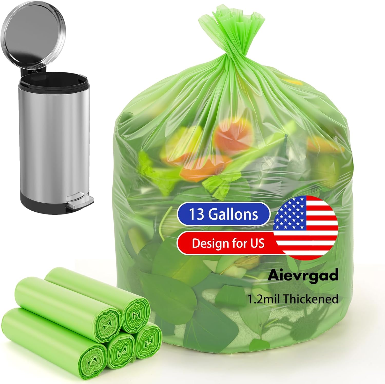 Trash bags 13 Gallon Biodegradable: Aievrgad Garbage bags for tall kitchen trash can liner, 50 count,Unscented, Heavy Duty, Thickened 1.26 Mil, for food/kitchen waste or Graden,green 50L