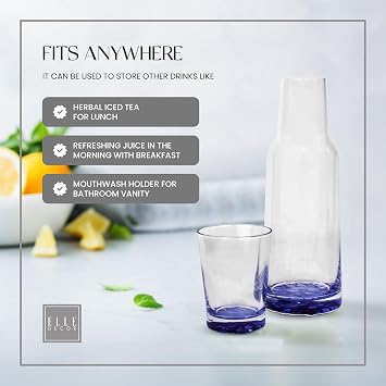 elle decor ELLE Elle Decor Bedside Water Carafe with Tumbler Clear/Blue, Set of 2