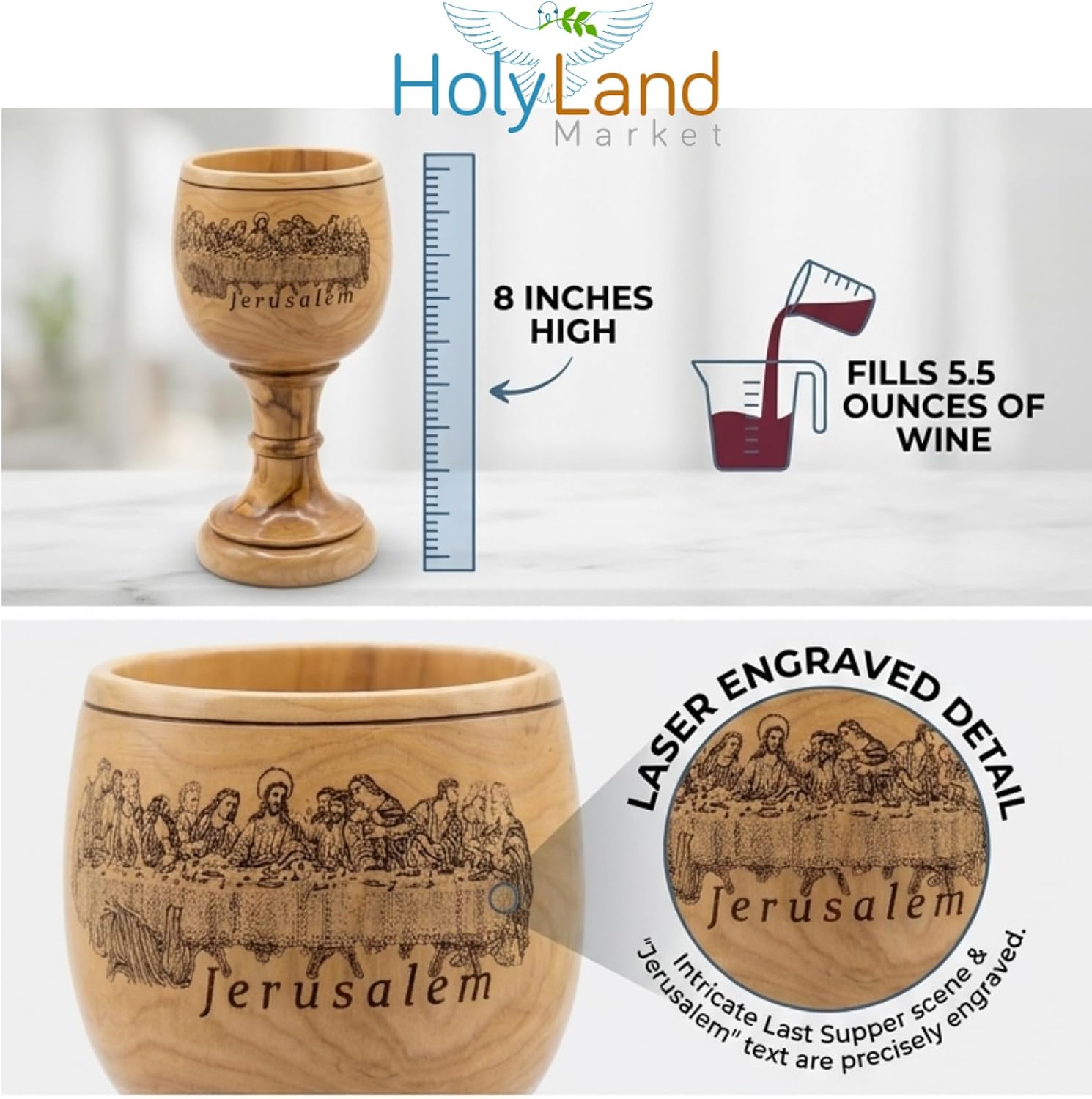 Holy Land Market Goblet - Chalice Carved with Last Supper - Dark Olive Wood (8 Inches Large) - Deep (5.5 Ounces Capacity Capacity)