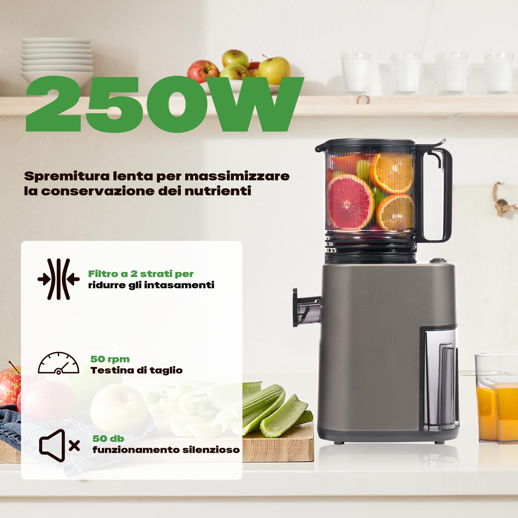 Estrattore Frutta e Verdura, Estrattore di succo con apertura di 14cm, Capacità 2L Juicer Machine Adatta a Frutta e Verdure, Grigio Opaco