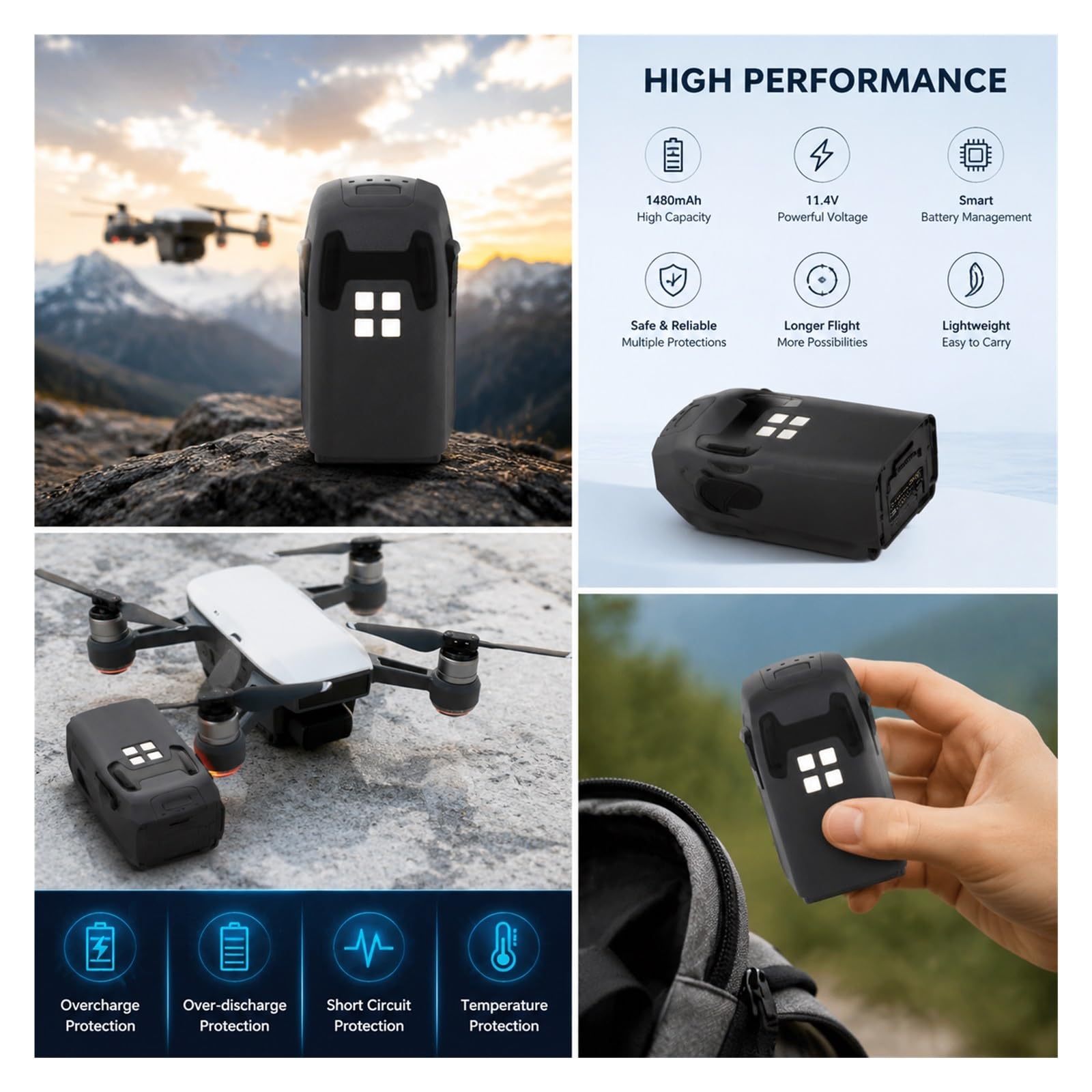 Batteria Di Volo Intelligente Sostitutiva Da 11,4 V 1480 MAh Compatibile Con DJI Spark Drone MB1, Sostituzione Della Batteria Ricaricabile Al Litio For Droni(3pcs battery)