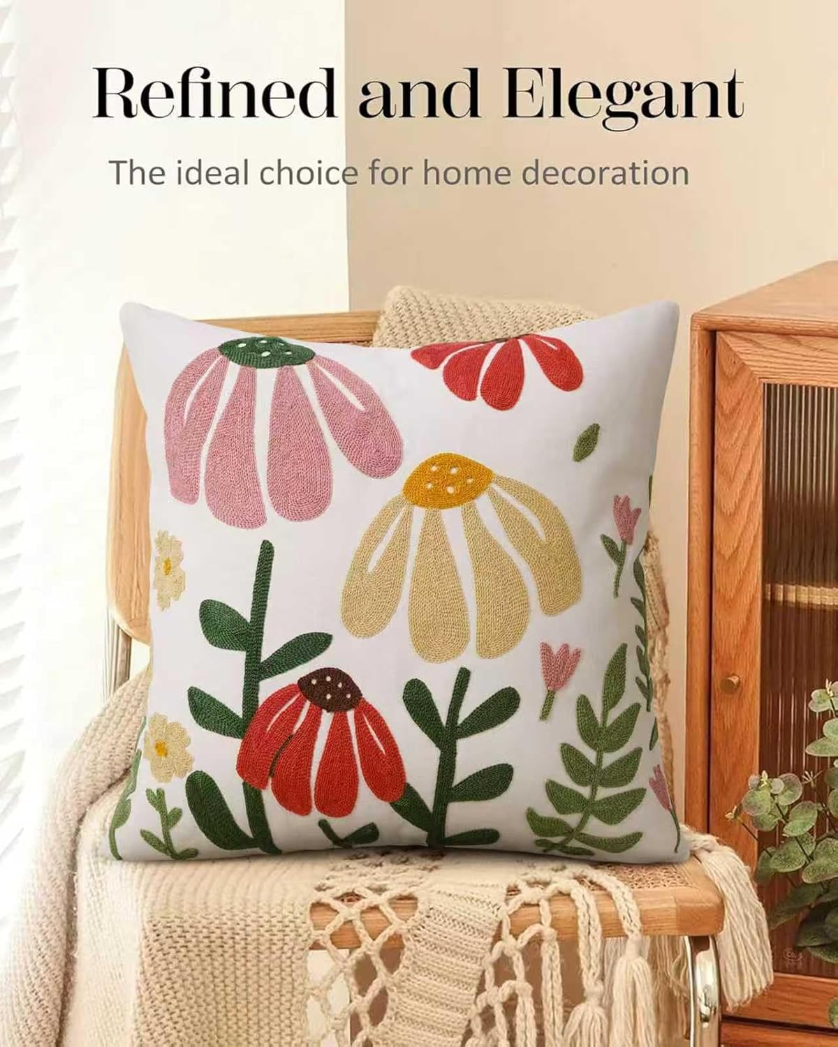 JASEN Embroidered Floral Boho Throw Pillow Cover 18x18 Inch - Decorative Cotton Pillow Case for Couch, Sofa, Bedroom, Living Room - Farmhouse Home Aesthetic Housewarming Gifts (Floral, 18" x 18")