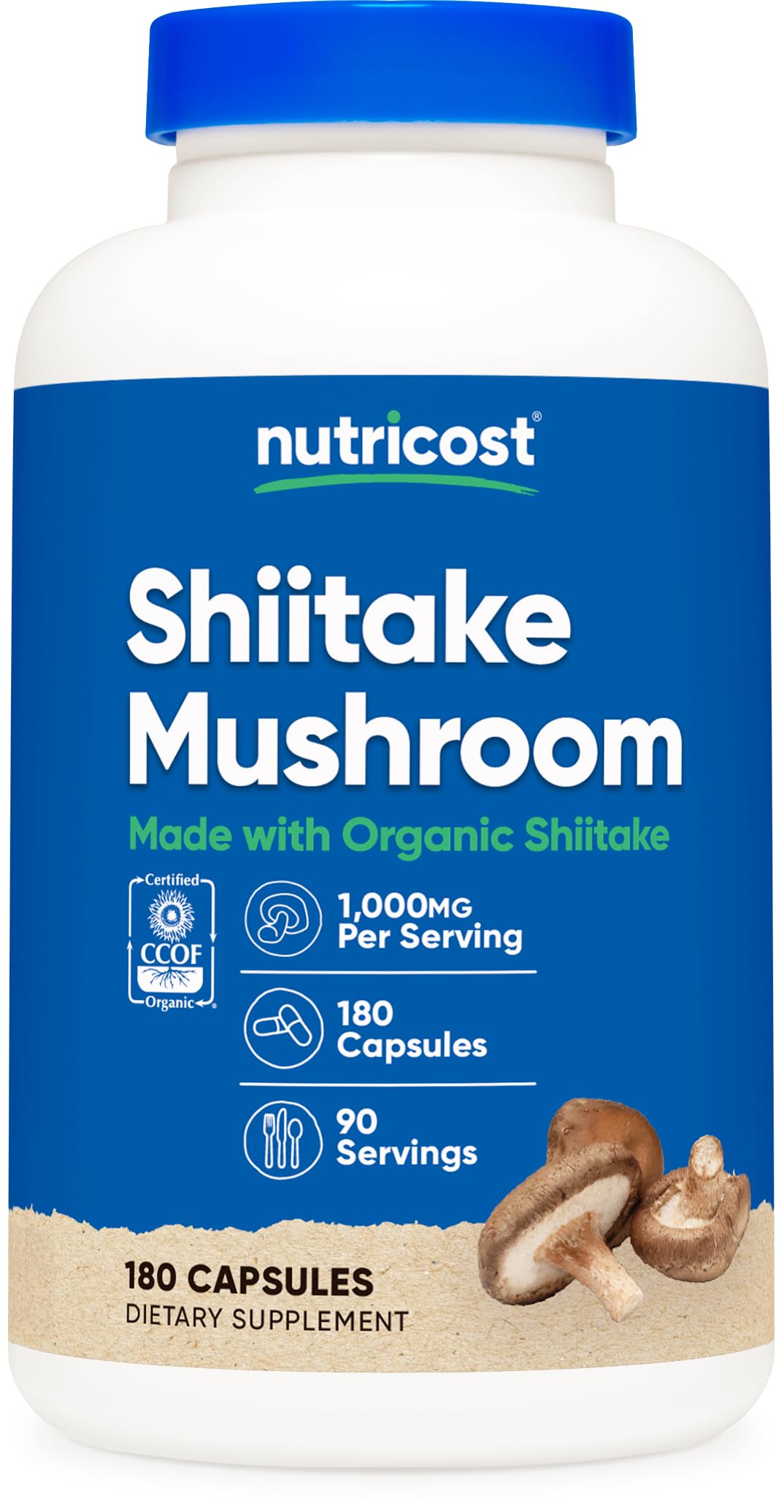 Nutricost Organic Shiitake Mushroom Capsules 1000mg, 90 Servings - CCOF Certified Made with Organic, Vegetarian, Gluten Free, 500mg Per Capsule, 180 Capsules
