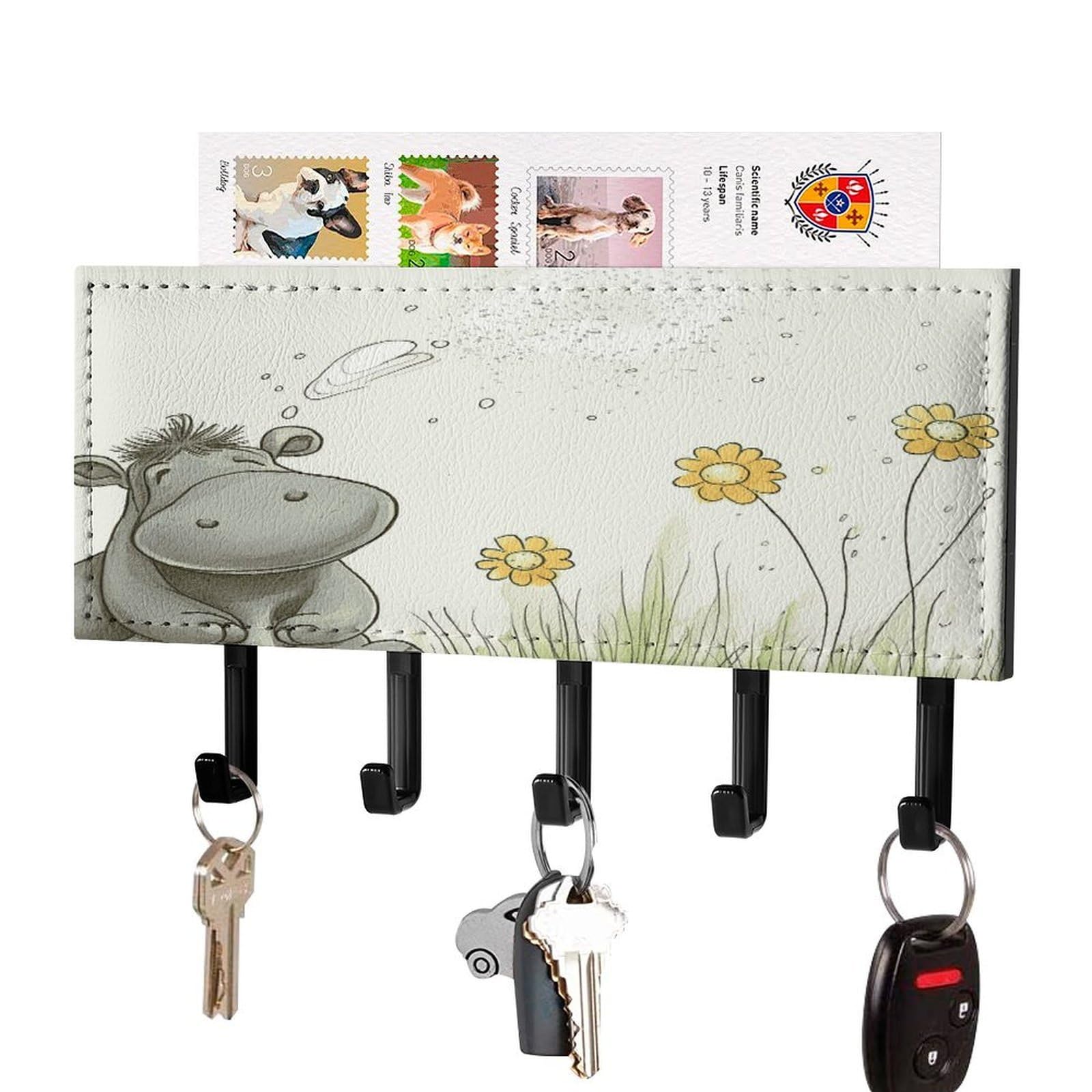JTREHY Hippo and Dandelion Key Holder Wall Mount Decorative Key and Mail Holder PU Leather Adhesive Key Organizer Hanging Key Hooks Wall Shelf with 5 Hooks for Entryway Hallway Office
