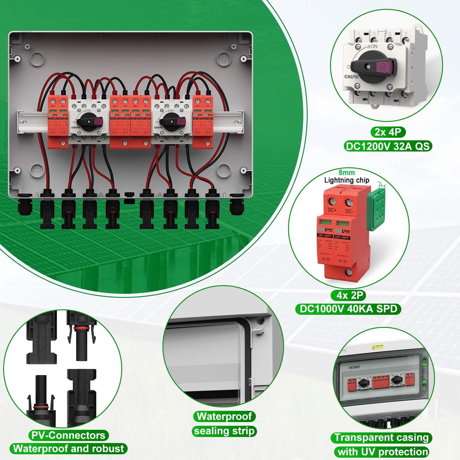 Protezione da Sovratensione Solare PV DC1000V 32A Sezionatore Solare 4 ingressi 4 uscite e Scaricatore di Sovratensione con Scatola di Giunzione Impermeabile IP65 per Pannelli Fotovoltaici
