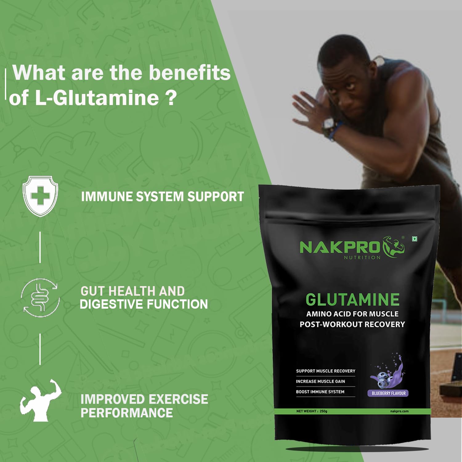 Nakpro L-Glutamine Powder | 4g Glutamine Per Serving, 50 Servings | Post Workout Amino Acid Supplement for Muscle Growth and Recovery (Blueberry, 250g) — Amazon image 3