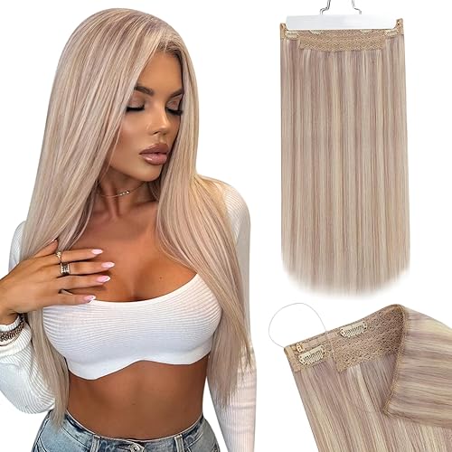 Miniatura 1 de Ugeat Extensiones de cabello humano real con reflejos, color rubio ceniza cálido, rubio decolorado, extensiones invisibles de alambre con hilo de