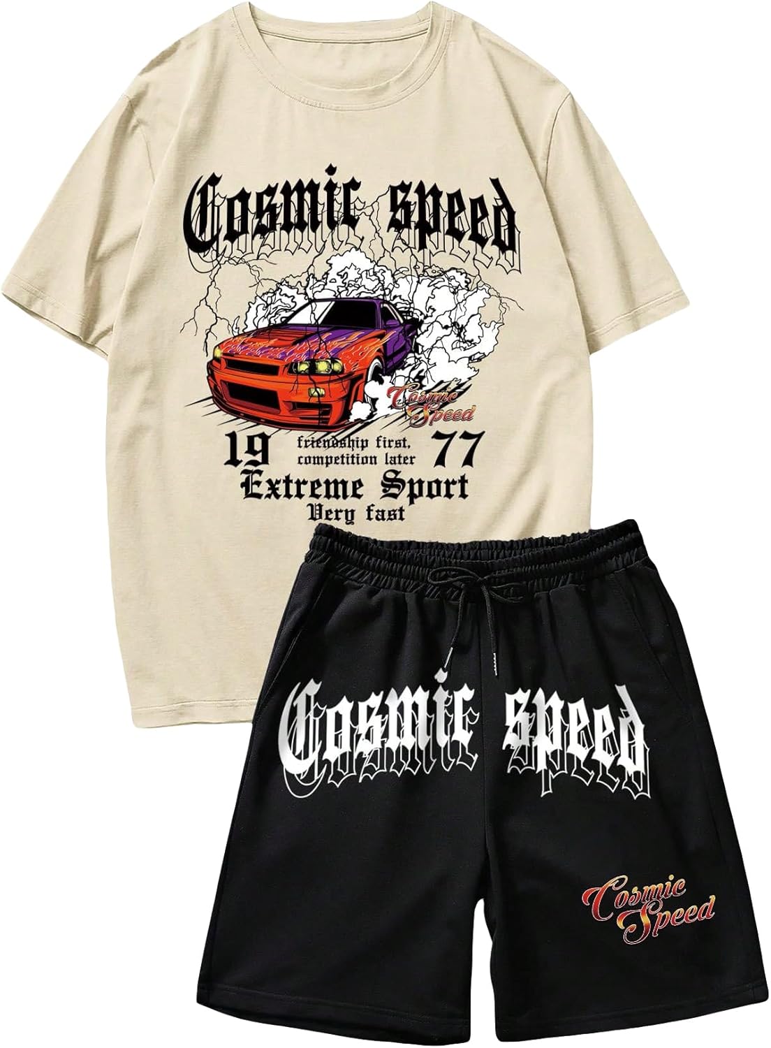 GORGLITTER Men's Shorts Set 2 Piece Outfits Graphic Tee and Drawstring Waist Track Shorts Set Streetwear