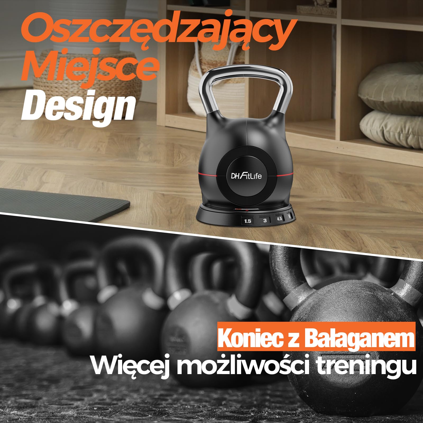 DH FitLife Regulowany Kettlebell 7w1 (1,5-10 kg) – Odważnik Kulkowy z 7 Poziomami Wagi do Treningu Domowego i Fitness, Kompaktowy i Oszczędzający Miejsce