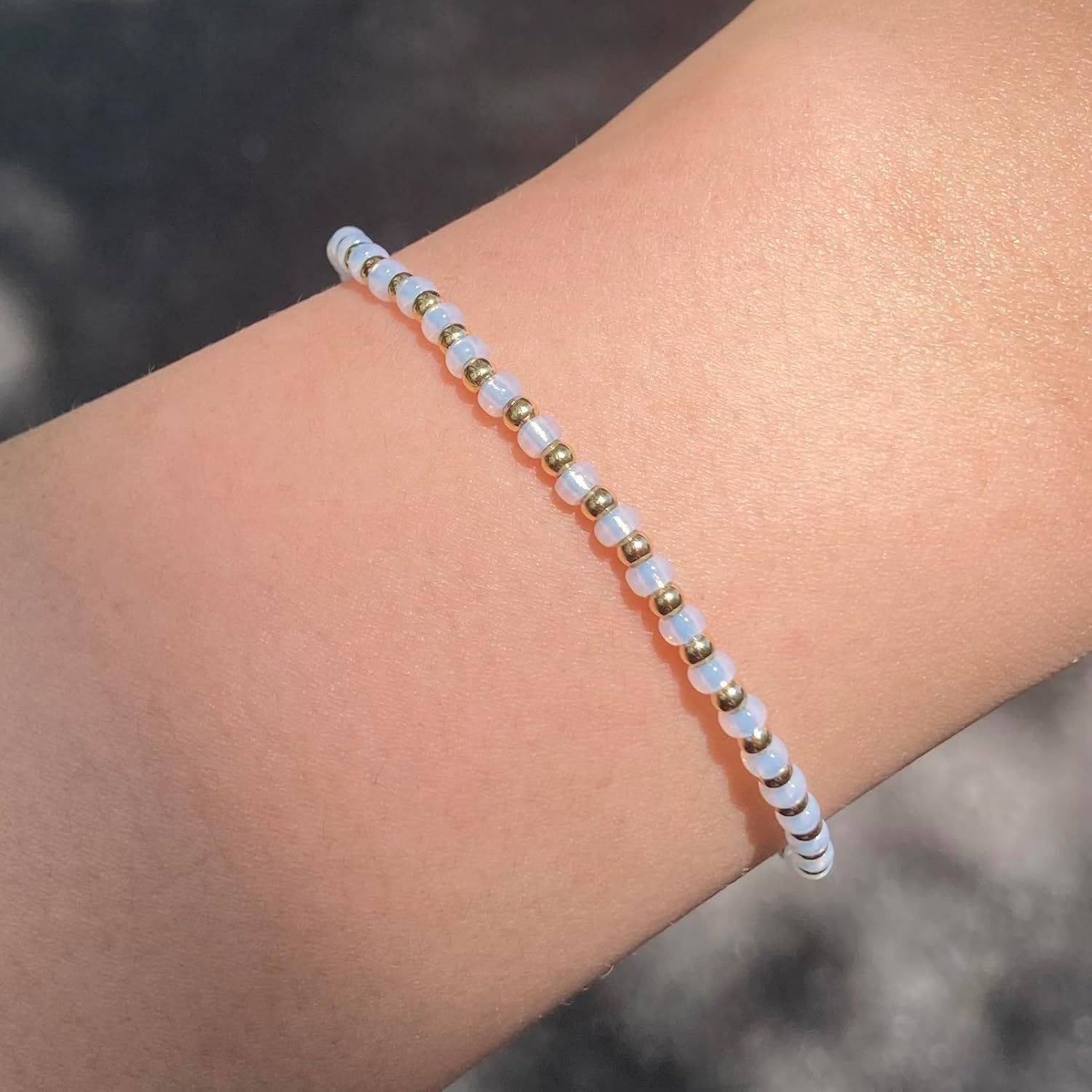 Handmade White Glass Beaded Stretch Bracelet with Solid Brass Accents | Minimalist Boho Style Jewelry for Women - Image 3