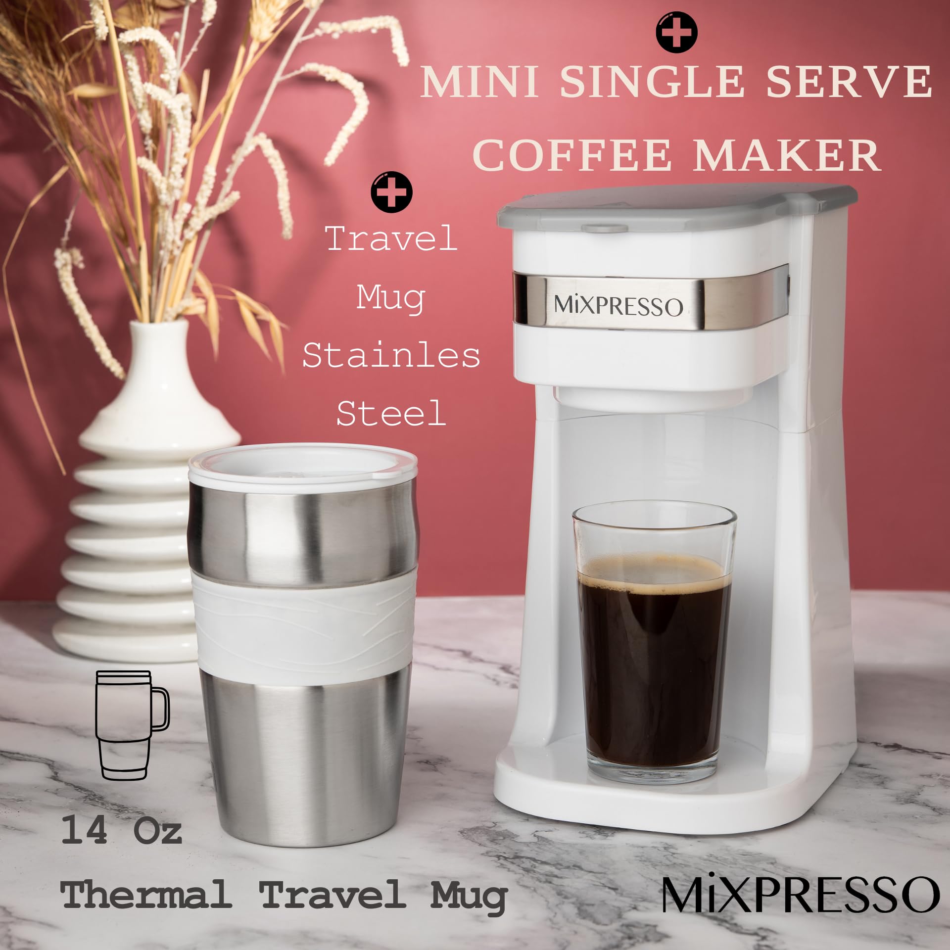 Mixpresso Cafetera personal blanca de una sola porción con taza de viaje de 14 onzas, cafetera pequeña de goteo con apagado automático, filtro reutilizable, funciona solo con café molido, no para
