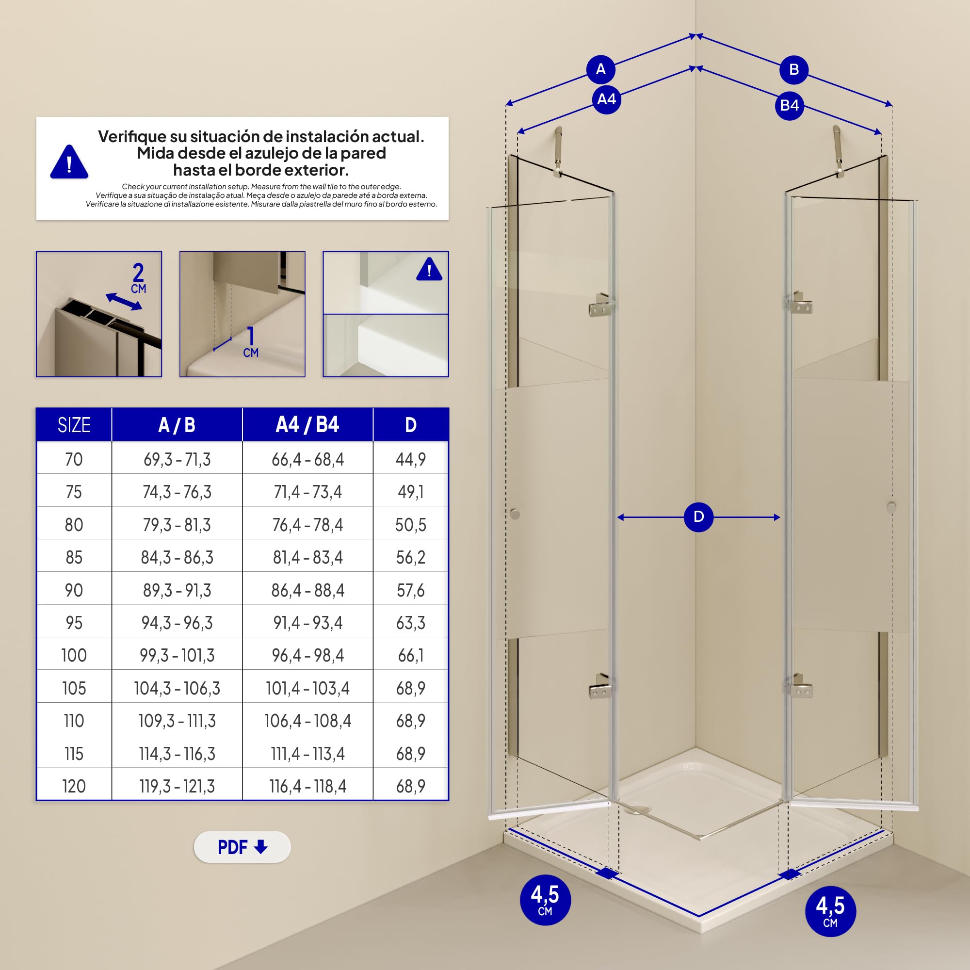 Mampara de Ducha Alice 75x95x180cm |NO REVERSIBLE| Puertas Abatibles, Ajuste 74,3-76,3x94,3-96,3cm|Perfiles cromados, Cristal Parcialmente Satinado 6mm