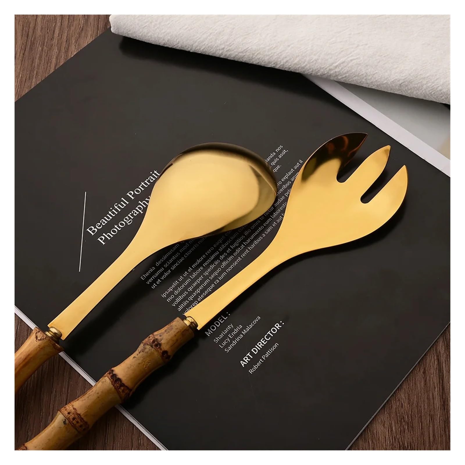6 szt. Uchwyt bambusowy łyżka do sałatek widelec zestaw obiadowy ze stali nierdzewnej do kuchni do jedzenia serwer naczynia złota zastawa stołowa narzędzia restauracyjne (Material : Gold Service Spoo