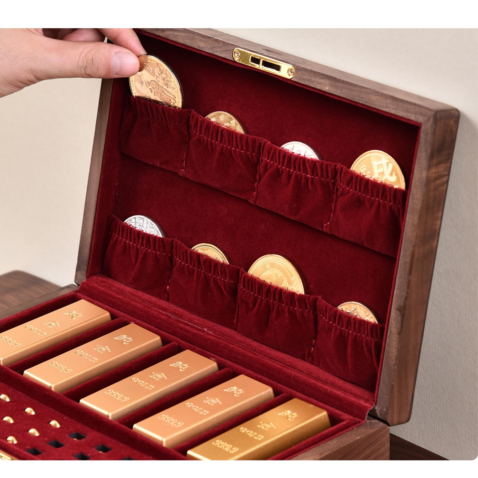 Caja expositora de monedas, organizador de almacenamiento de madera con divisor de terciopelo y bandeja multiranura para lingotes y monedas conmemorativas