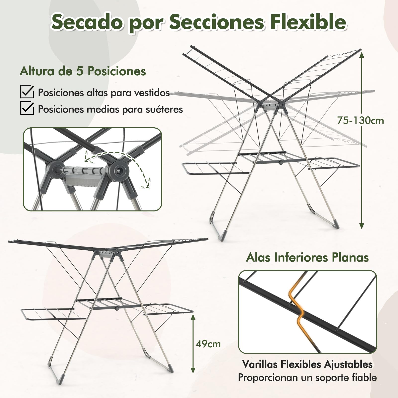 COSTWAY Tendedero de Ropa de 2 Niveles, Estante Plegable para Ropa con 33 Barras de Secado, Alas Ajustables, Clips para Calcetines, Patas de Acero Inoxidable, Uso Interior y Exterior